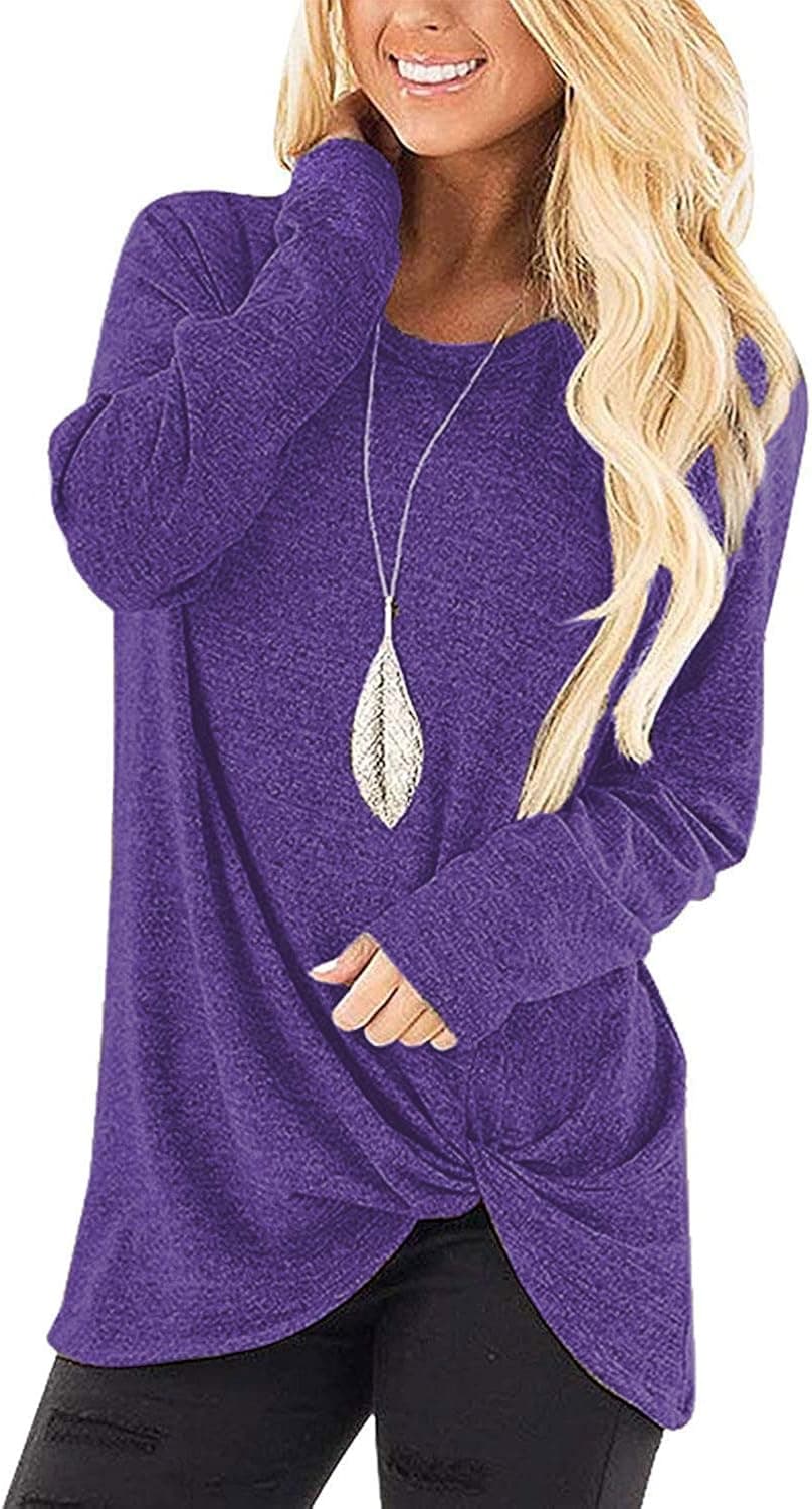 JNKLWPJS Women's Casual Long Sleeve Shirts Twist Knot Tunics Tops Blouses Purple Blue M