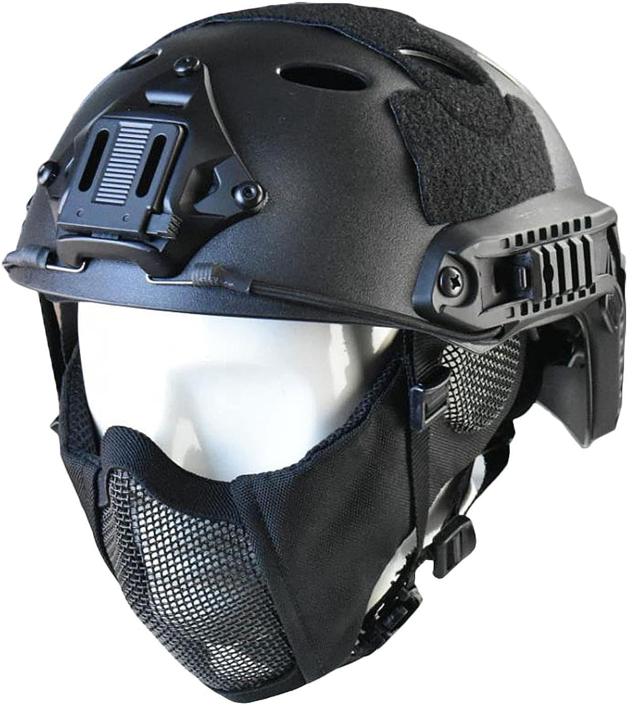 Tactical Foldable Half Face Airsoft Mesh Mask with Ear Protection and Tactical Airsoft Fast Helmet Adjustable H-Nape Helmet Chin Strap Large Size for Older Teenager or Adult