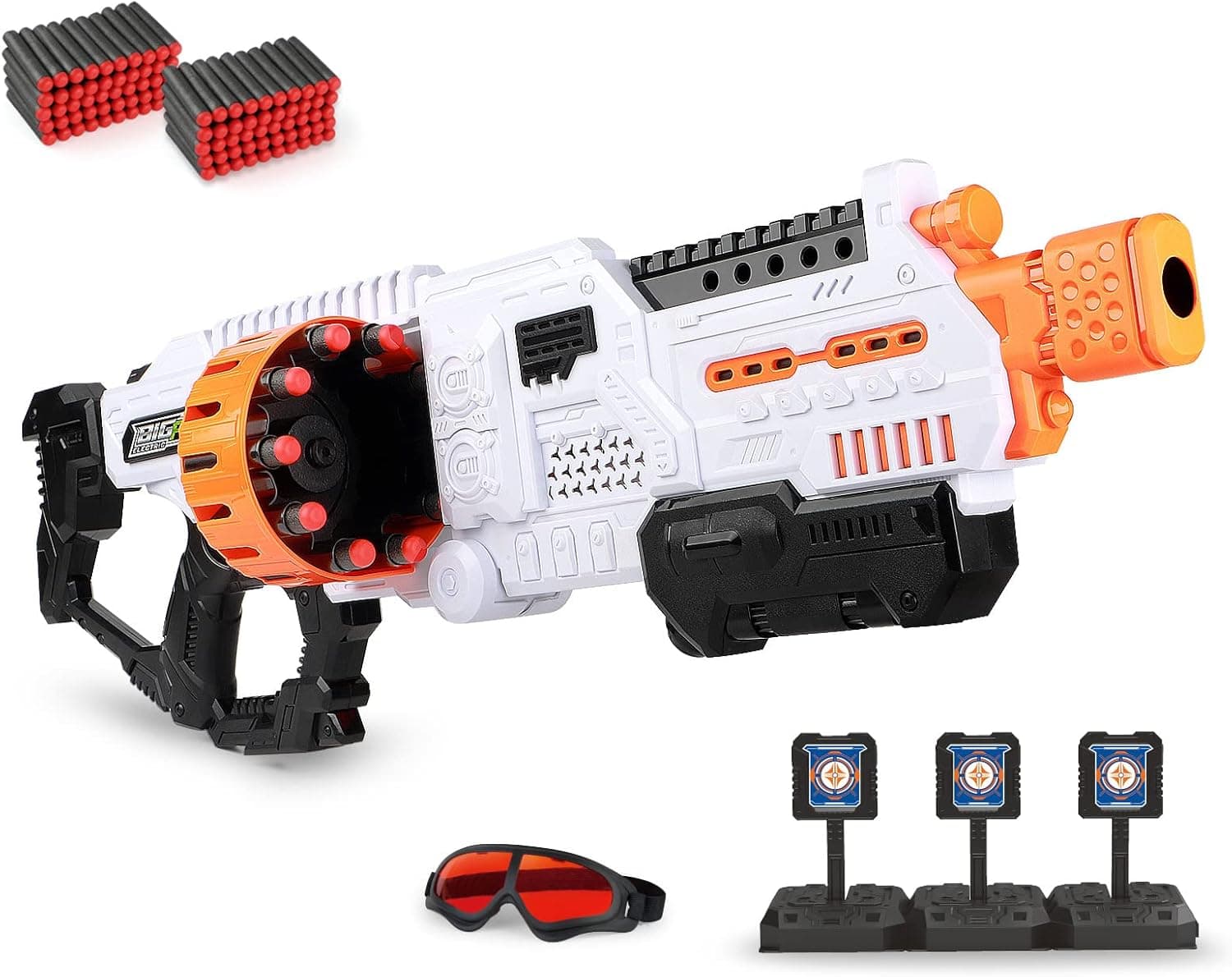 Bigpower Electric Motorized Dart Gun, 20-Dart Double Rotating Drum Toy Foam Blaster for Boys 8-12+, Cool Dart Blaster with 100 Foam Darts Compatible with Primary Brand, Christmas Eve Gifts for Kids