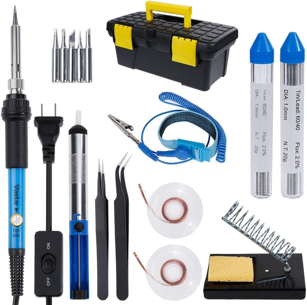 Vastar Soldering Iron Kit, 16 in 1 60W Welding Soldering Iron Temperature Adjustable with On/Off Switch, Soldering Tips, Desoldering Pump, Soldering Wire, Soldering Station Anti-static Tweezers
