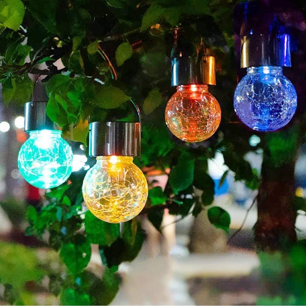 JEERUI Hanging Solar Ball Lights, 4 pack Auto Multi-Color Changing Cracked Glass Lights, Waterproof Hanging Outdoor Decorative Globe Lights for Garden, Patio, Yard, Lawn , Tree or Holiday Decoration