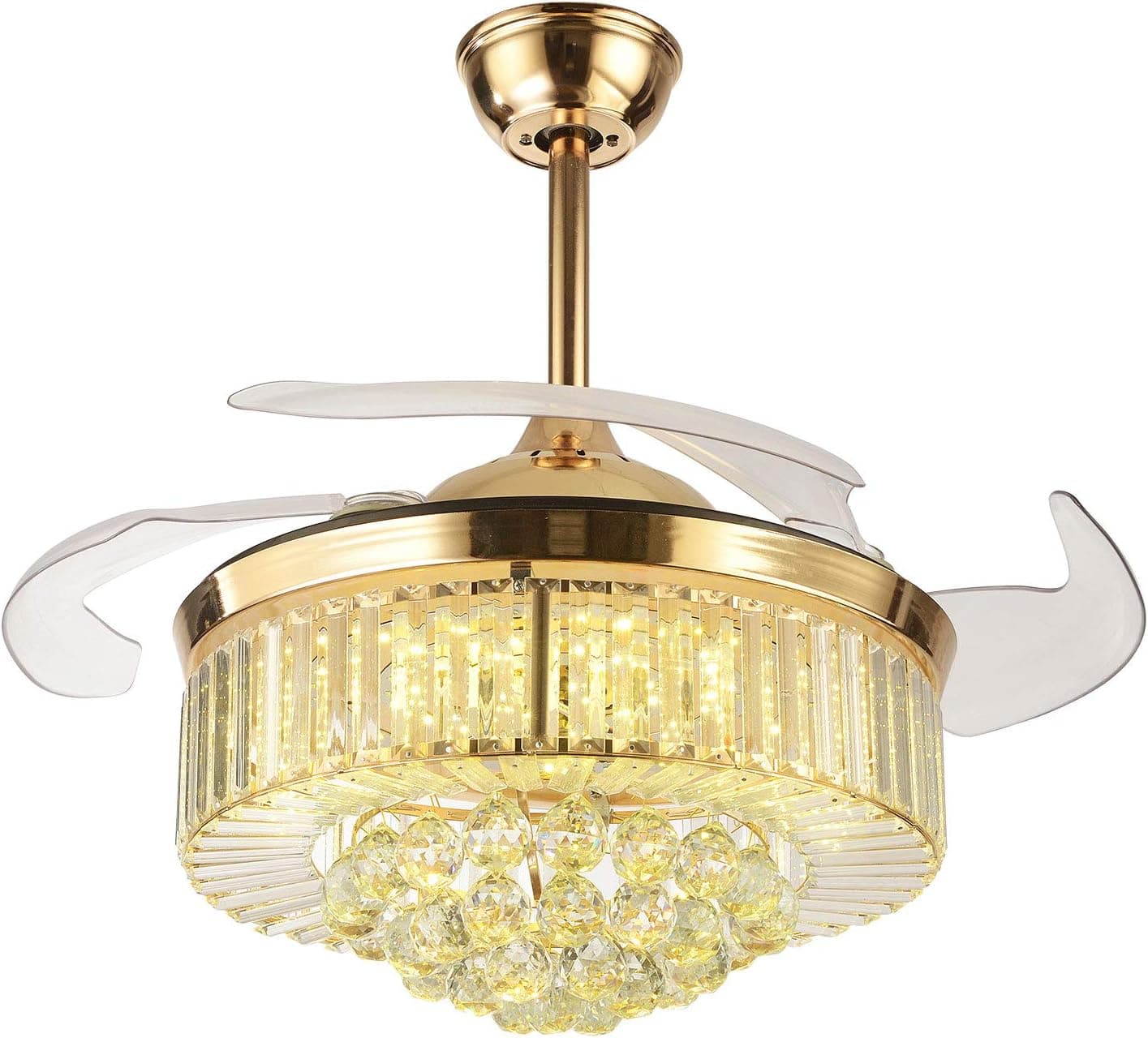 42" Crystal Ceiling Fan with LED Light Remote Control, Modern Retractable Blade Golden Chandelier Fan, Indoor Quite 3-Speed Fandelier Ceiling Fan 3 Color Adjustable, for Living Dining Room Bedroom