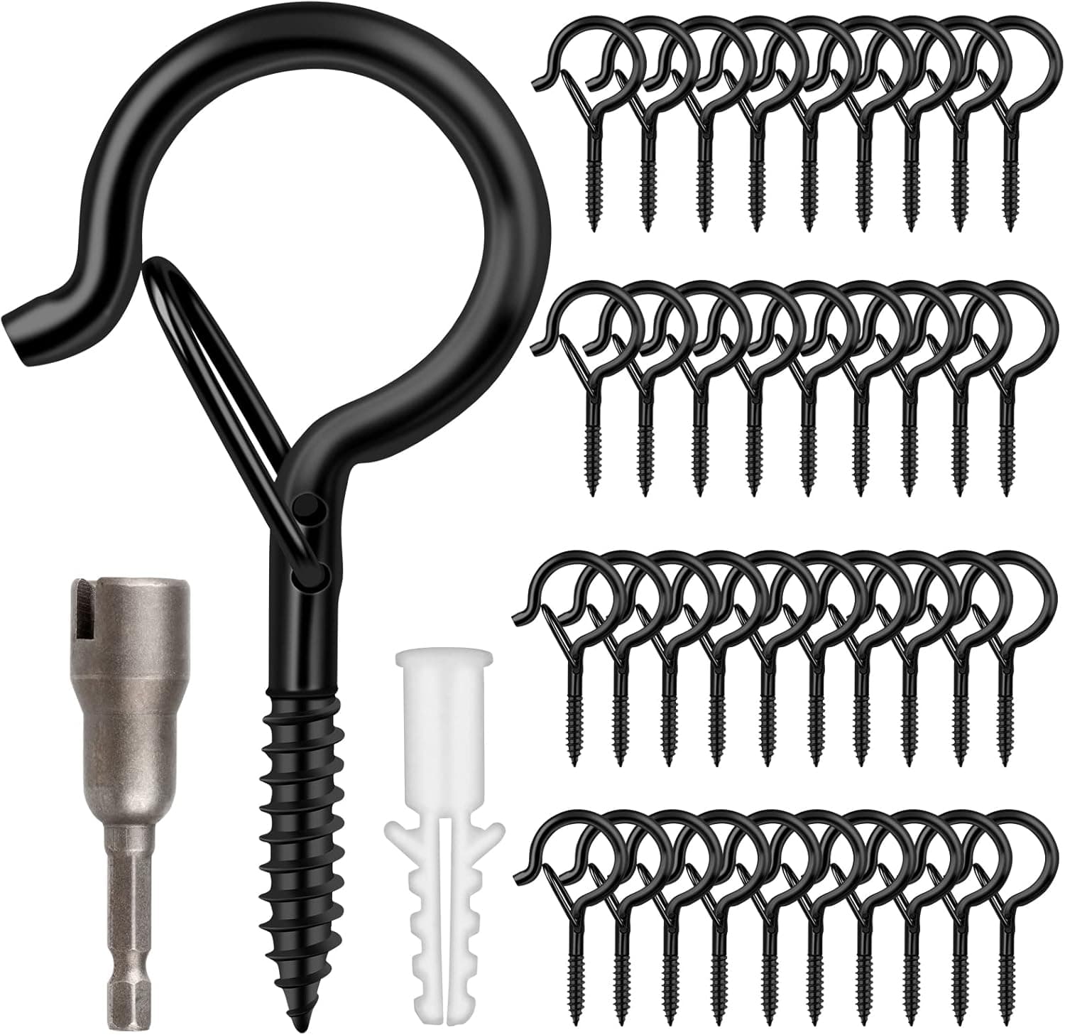 48 PCS Screw-in Hooks for Outdoor String Lights, Q Hangers String Light Hooks Outdoor for Outside, Swivel Hanging Basket Patio Light Hooks with Safe Buckle Screw in Planter Eye Hook for Wall Ceiling
