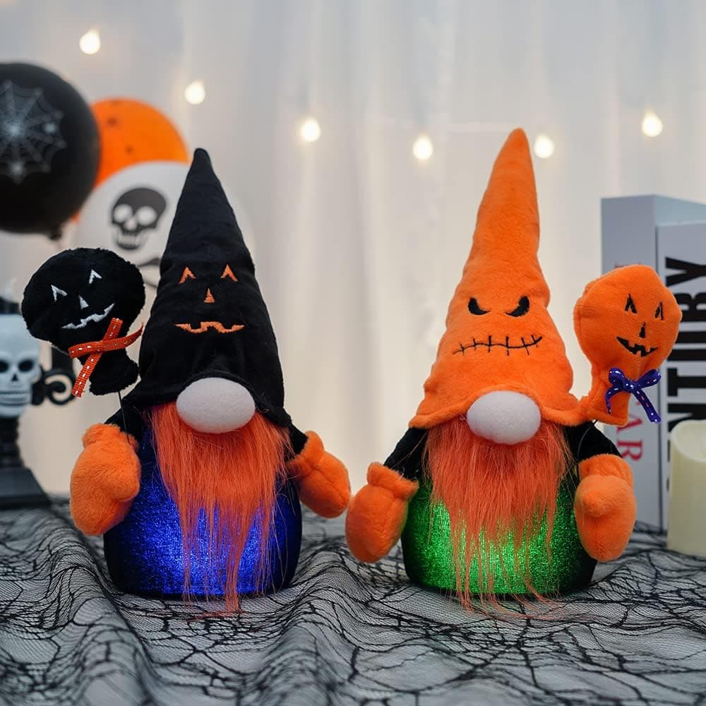 QLEKEY Halloween Light Up Gnomes with Lollipop LED Lighted Gnomes Plush Swedish Scandinavian Tomte Elf Set of 2 for Shelf Table Decorations