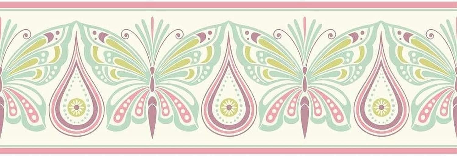 CONCORD WALLCOVERINGS ™ Wallpaper Border Waverly Kids Butterfly for Girl?s Bedroom, Pastel Pink Purple Green White, 7 Inches by 15 Feet WK6845B