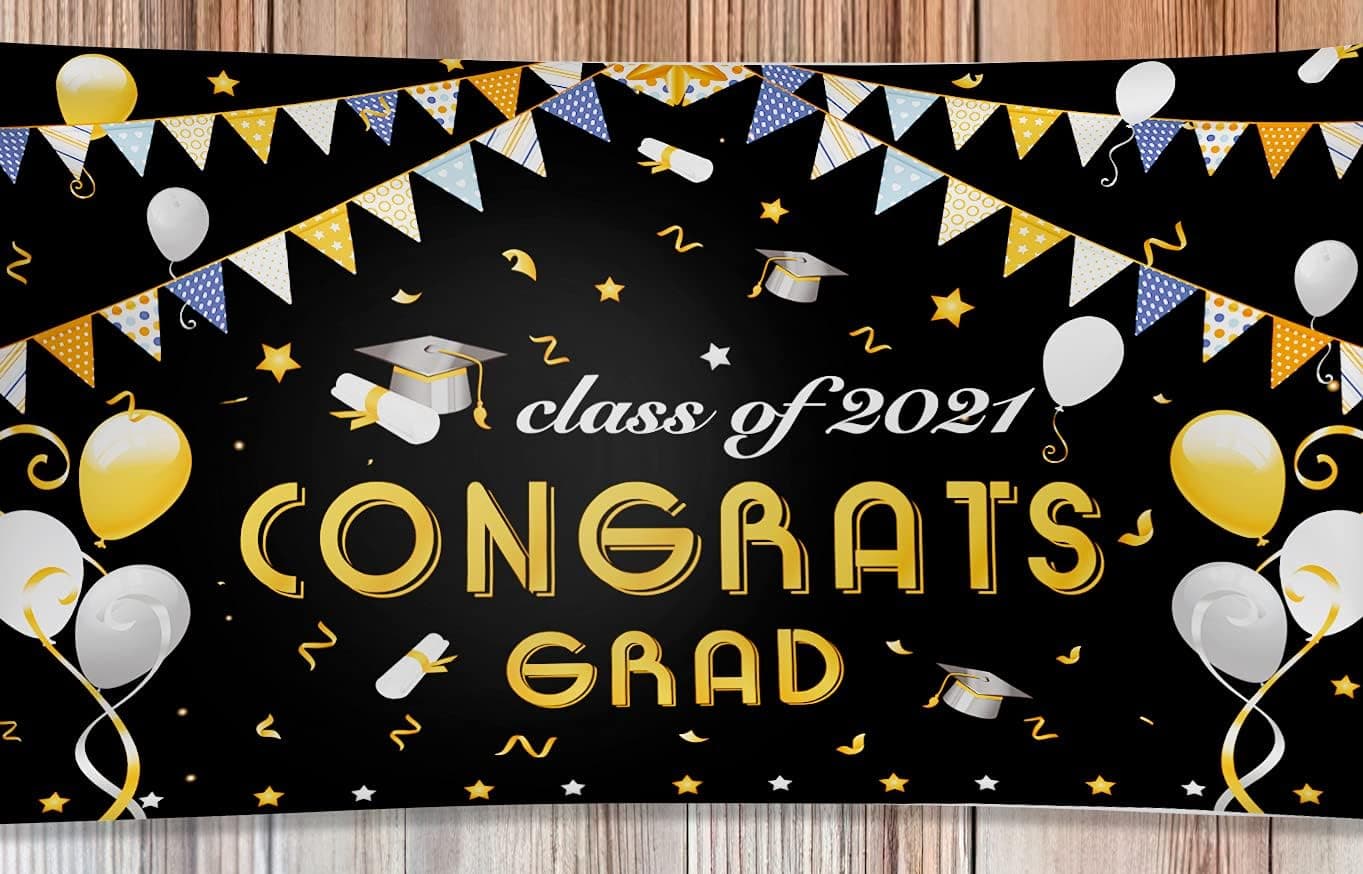 LuluPlus Graduation Backdrop, 70.8x43.3 inch Graduation Photo Backdrop, Graduation Backdrop 2021, Graduation Decorations 2021, Congrats Grad Decorations, Graduation Party Supplies (Black and Gold)