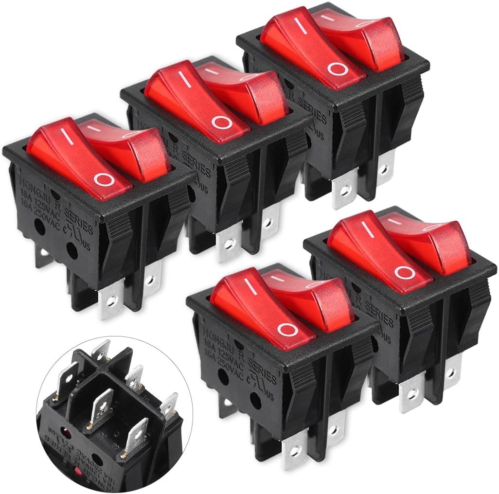 uxcell 5 Pcs Red Light Illuminated Double SPST Snap IN Boat Rocker Switch 6P AC 16A/250V UL Listed