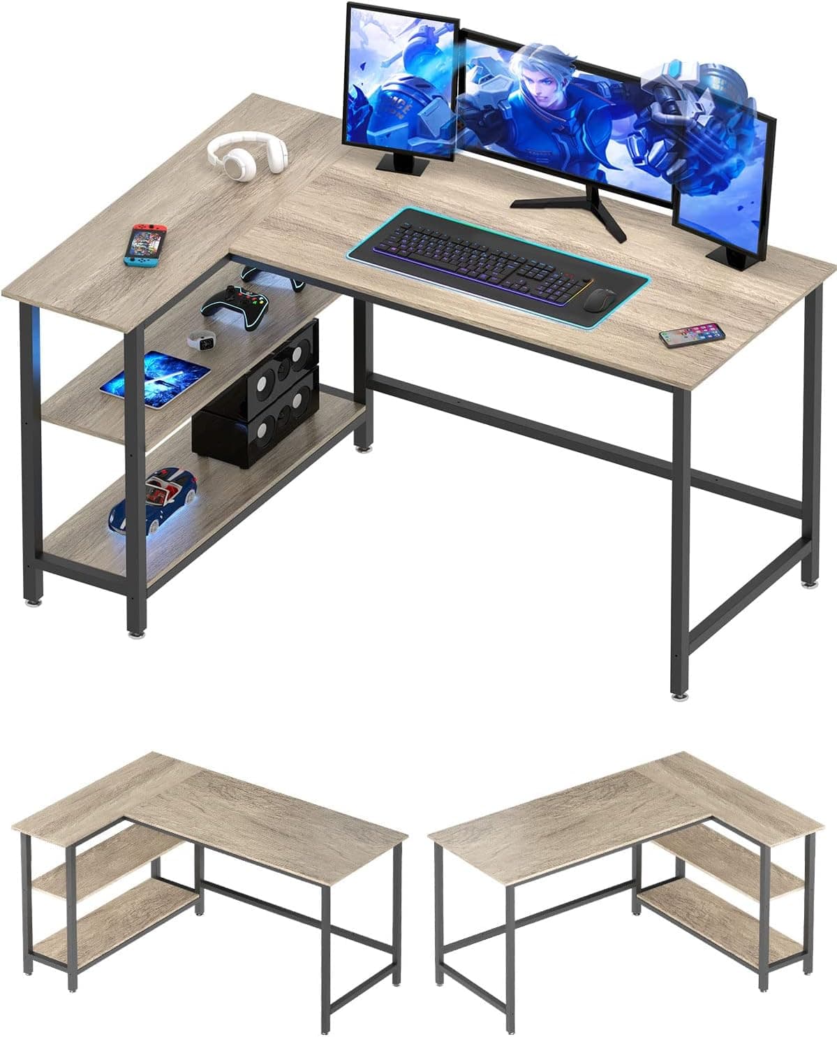 WOODYNLUX L Shaped Computer Desk - 43 Inch Home Office Desk with Shelf, Gaming Desk Corner Table for Work, Writing and Study, Space-Saving, Gray.