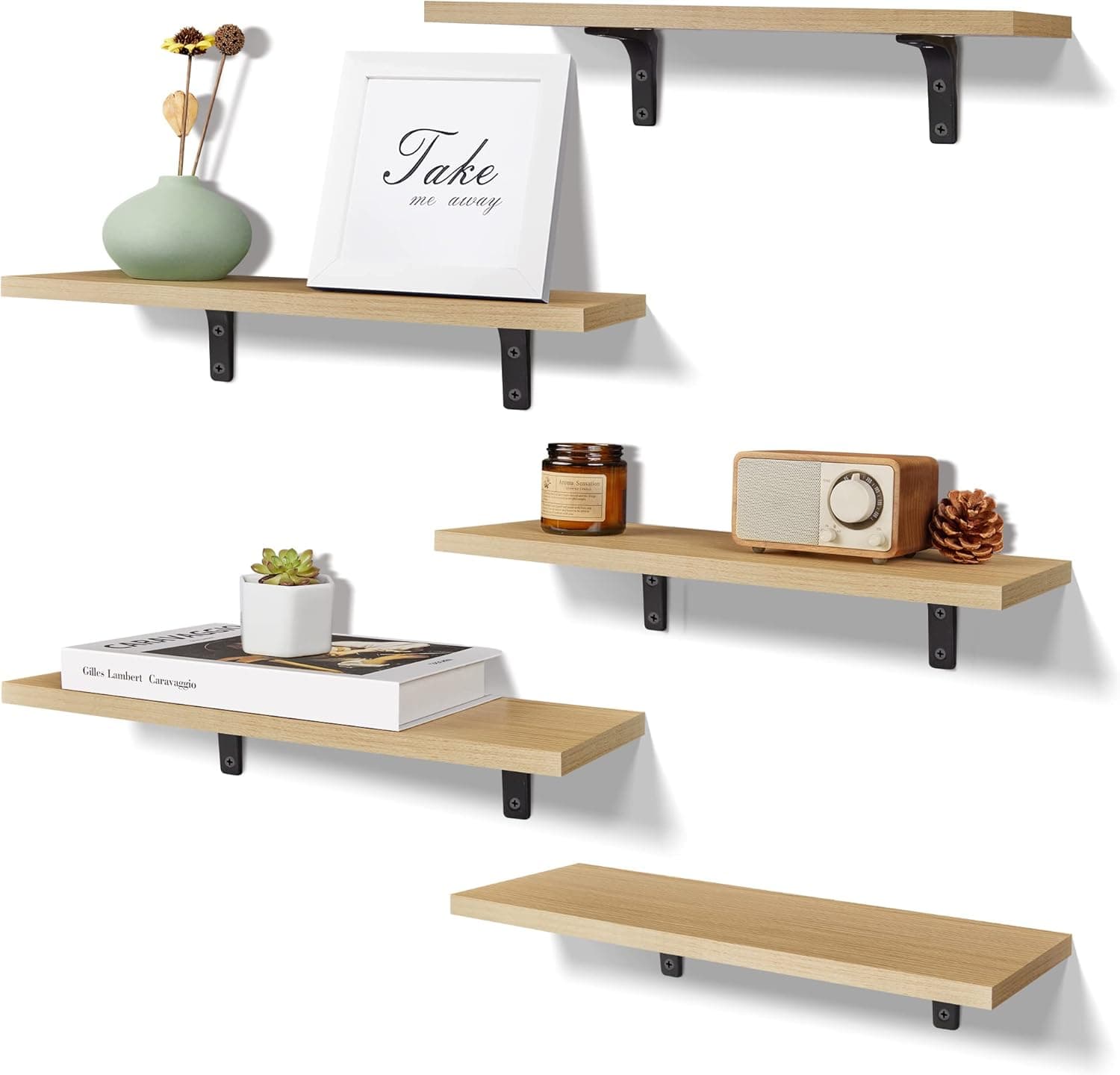 upsimples Floating Shelves for Wall Décor Storage, Wall Mounted Shelves Set of 5, Sturdy Wood Floating Shelves with Metal Brackets for Bedroom, Living Room, Bathroom, Over Toilet, Kitchen, Light Brown