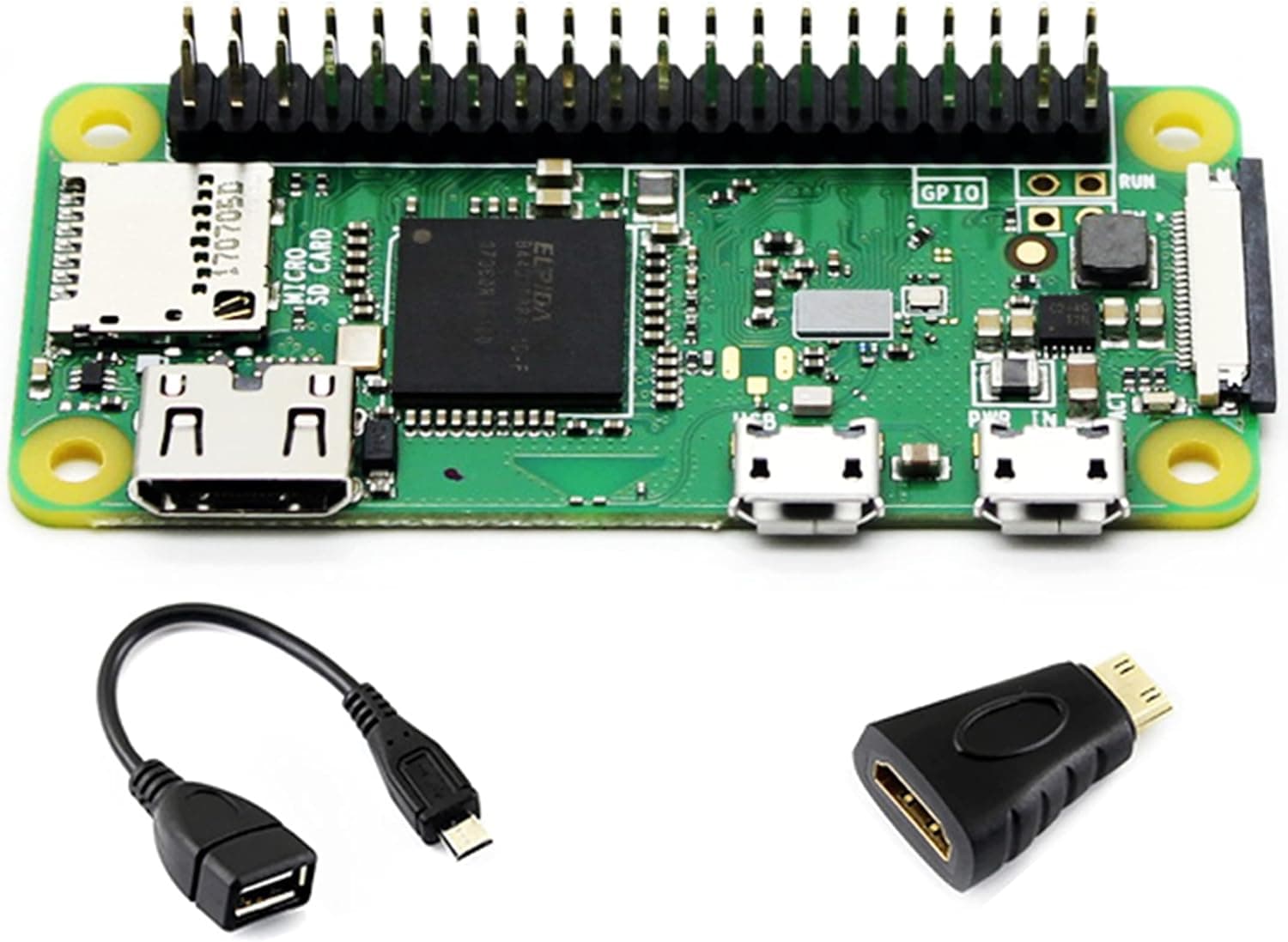 Pi Zero WH Package with Raspberry Pi Zero WH (Zero W with 40PIN Pre-Soldered GPIO Headers) and Mini HDMI to HDMI Adapter and Micro USB OTG Cable