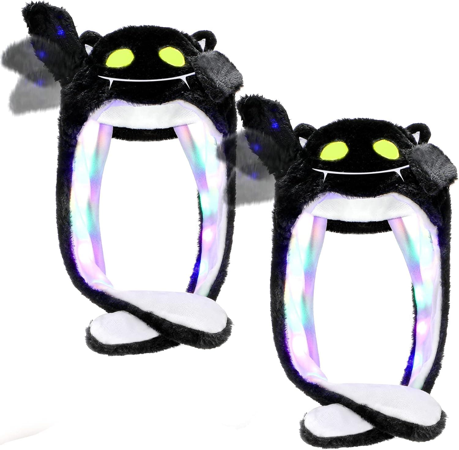 BBTO 2 Pieces LED Hat Glowing Hat Moving Ears Cute Plush Hats Light up Funny Ear Moving Jumping Hat for Women Girls(Ghost Style)