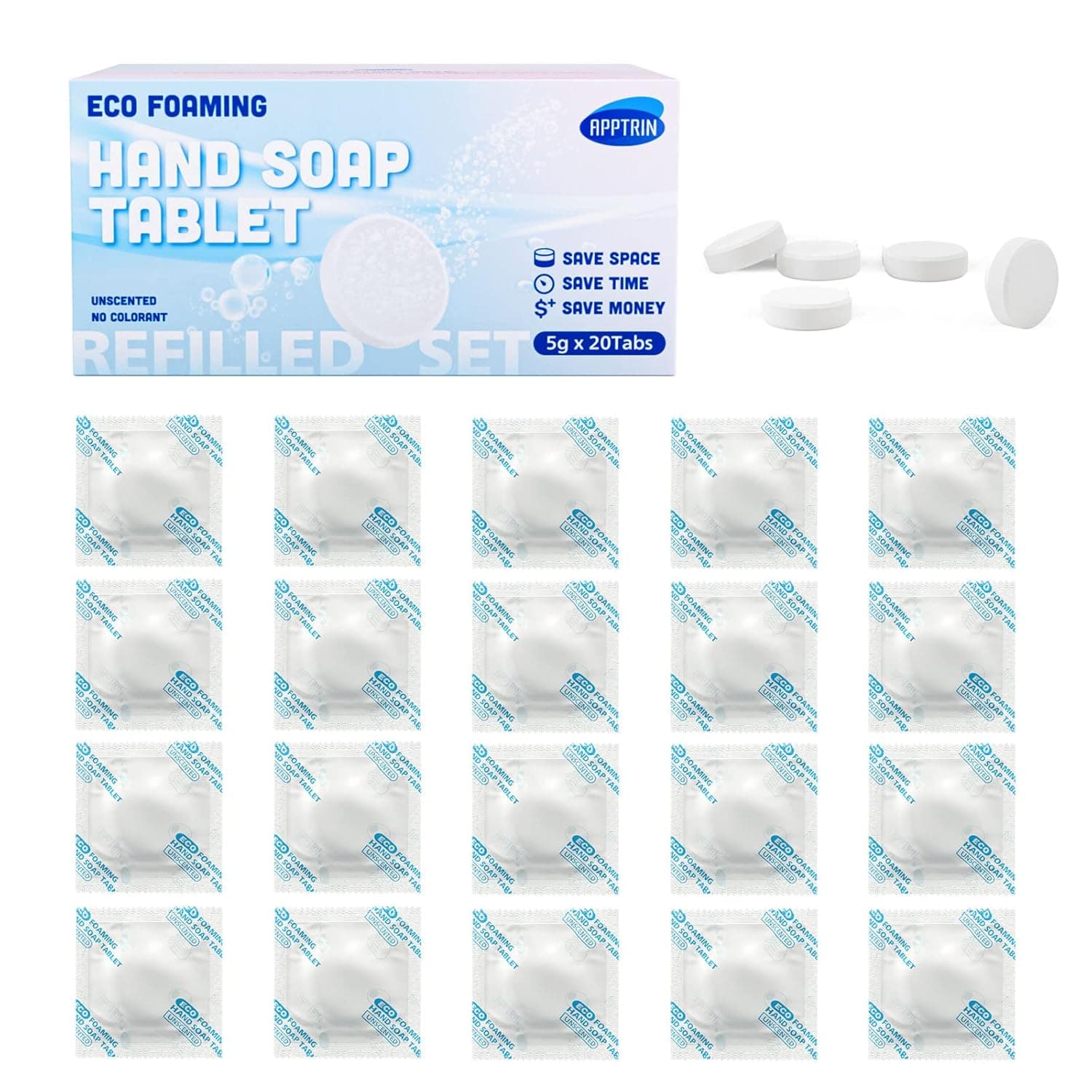 apptrin Smart Foaming Hand Soap Refills Tablets 20 Pack, 174 fl oz Total (Make 20 x 8.7 fl oz Foam bottles of soap), Eco-Friendly Hand Wash Pods, Soft Hand Wash (Unscented)