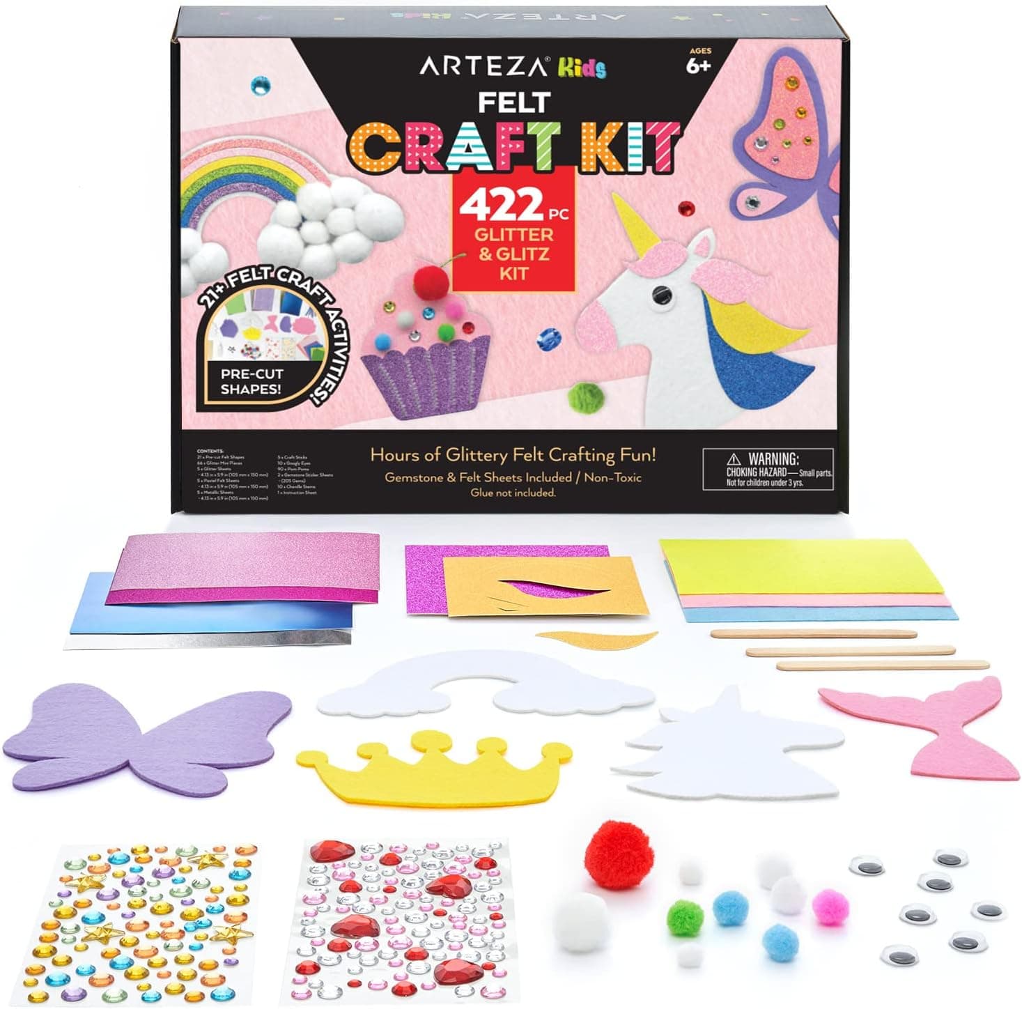Arteza Kids Felt Kit, 422 Pieces, 21 Pre-Cut Glitter & Glitz Shapes, Assorted Felt Sheets, Glitter Mini-Pieces, Chenille Stems, and Accessories, Educational Kids’ Craft Supplies to Inspire Creativity