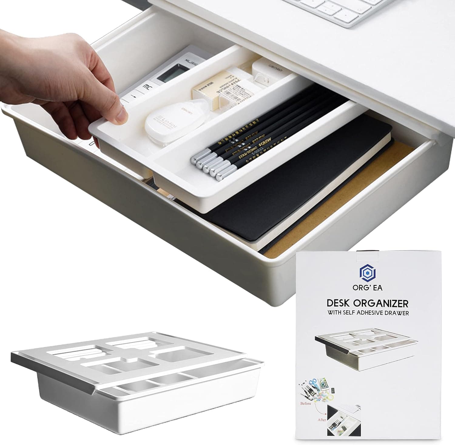 ORG' EA Large Desk Drawer for Office Bedroom, School, Kitchen Desk Drawer compatible with iPad, Phone Keys, Cutlery, Paper Clips and More