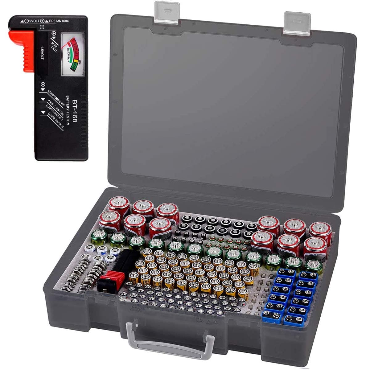 Battery Organizer Storage Holder- Batteries Case Containers Box with Tester Checker BT-168. Garage Organization Holds 225 Batteries AA AAA C D Cell 9V 3V Lithium LR44 CR2 CR1632 CR2032 (Transparent) (Grey)