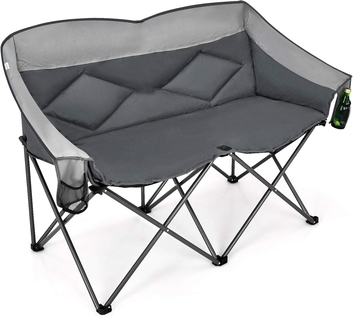 Goplus Loveseat Camping Chair, Double Folding Chair for Adults Couples w/Storage Bags & Padded High Backrest, Oversize Camp Seat for Fishing Picnic (Grey)