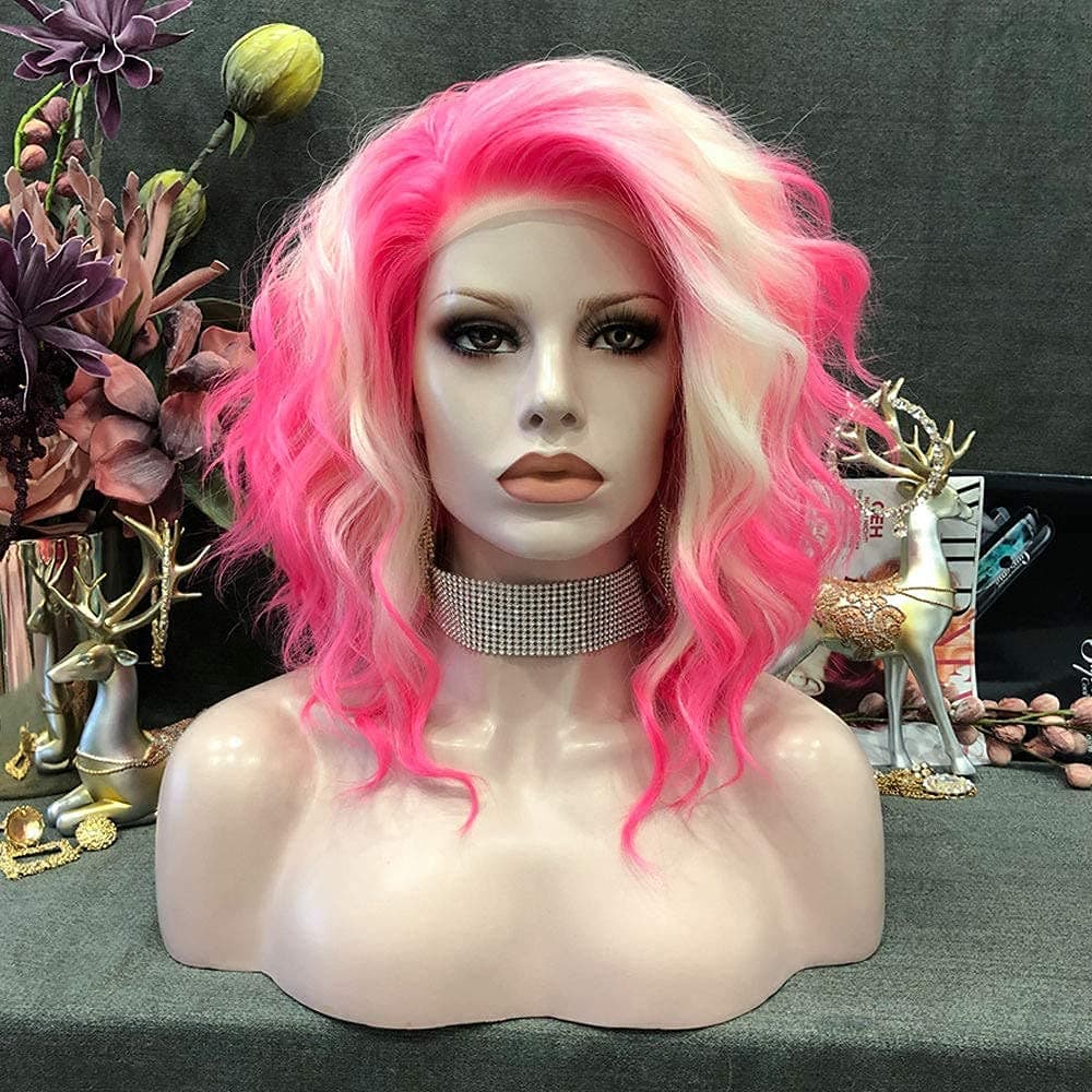 IMSTYLE Pink Blonde Synthetic Lace Front Wigs Short Bob Wavy Wigs 2 Tone Neon Color for Cosplay Party Halloween