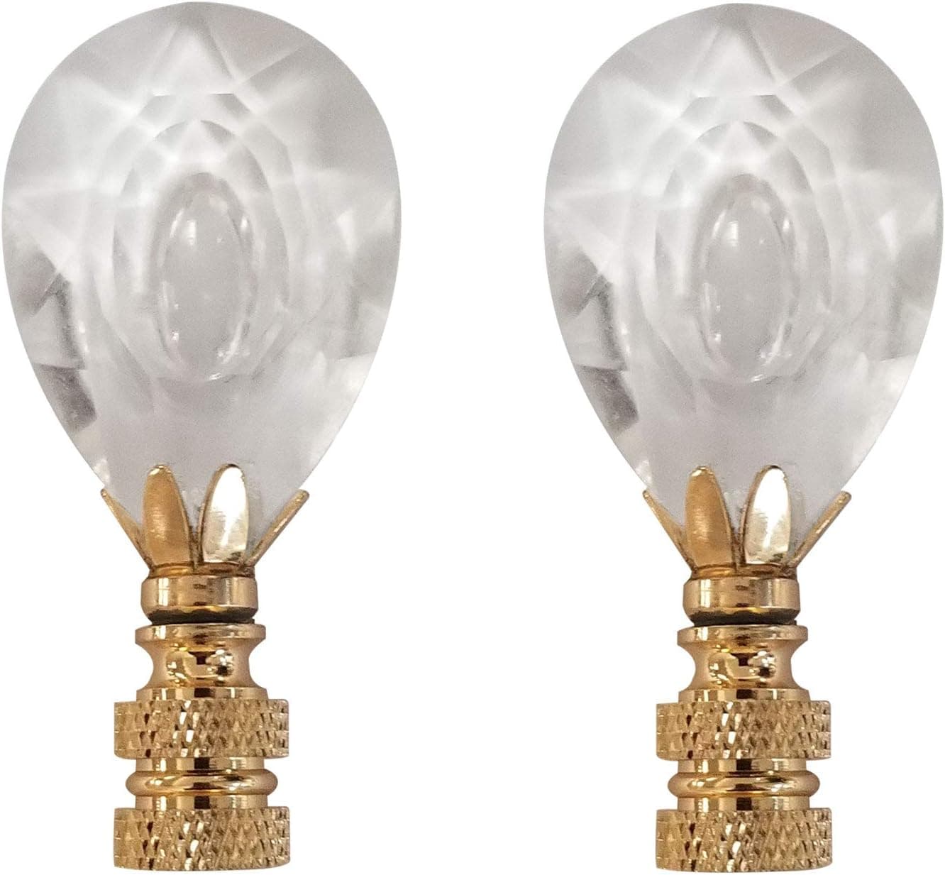 Royal Designs Medium Center Cut Design Lamp Finial, Clear Faceted Crystal, Polished Brass Base - Set of 2