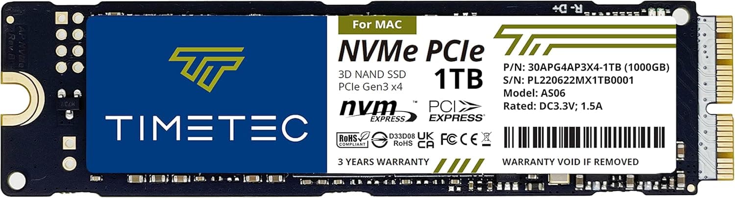 Timetec 1TB(1000GB) MAC SSD NVMe PCIe Gen3x4 3D NAND TLC Read Up to 2,200MB/s Compatible with Apple MacBook Air(2013-2015, 2017), MacBook Pro(2013-2015), iMac(2013-2019), Mac Pro(2013), Mac Mini(2014)