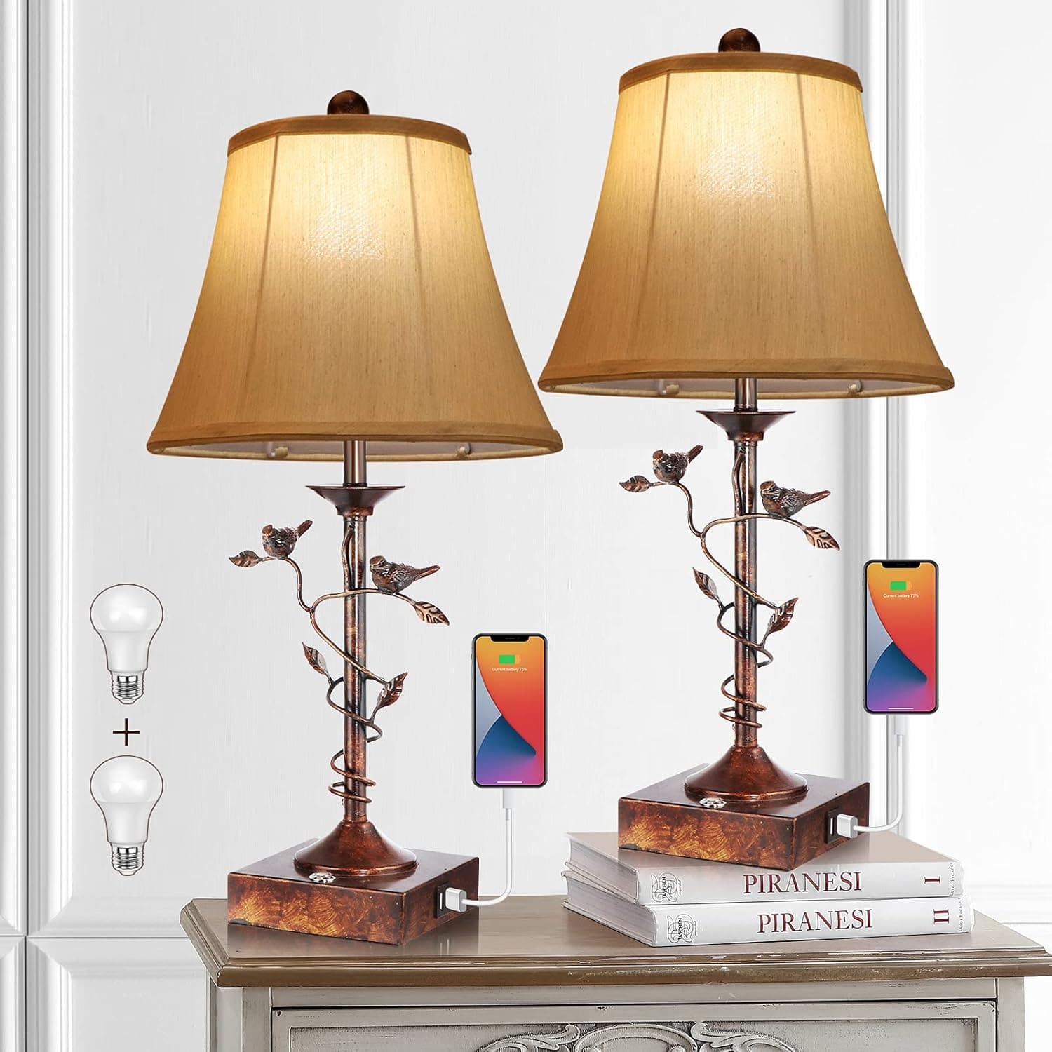 Set of Two Table Lamps for Living Room 3-Way Dimmable Bedside Lamp with USB Port and AC Outlet Small Touch Lamps Bedroom Lamps for Nightstand Lamp Warm White Bed Lamps for Reading (Bulbs Included)