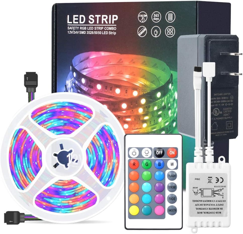 LED Strip Lights 16.4ft RGB LED Light Strip 3528 LED Tape Lights Color Changing LED Strip Lights with Remote for Home Lighting Kitchen Bed Flexible Strip Lights for Bar (3528 LEDs)¡­