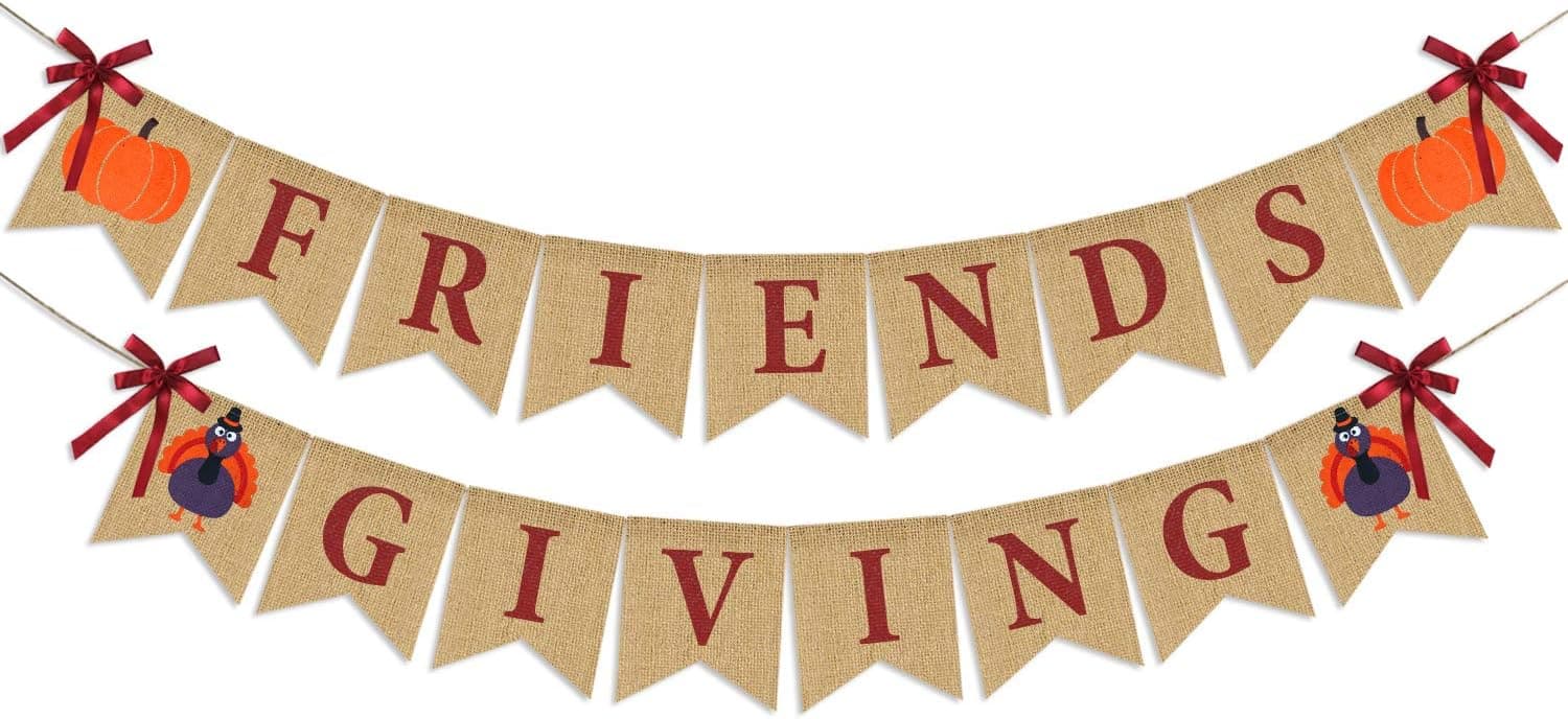 Friendsgiving Banner Burlap | Thanksgiving Decorations | ThanksGiving Burlap Banner | Rustic Thanksgiving Friends Giving Turkey Pumpkin Bunting | Thanksgiving Party Supplies Fireplace Mantle Decor