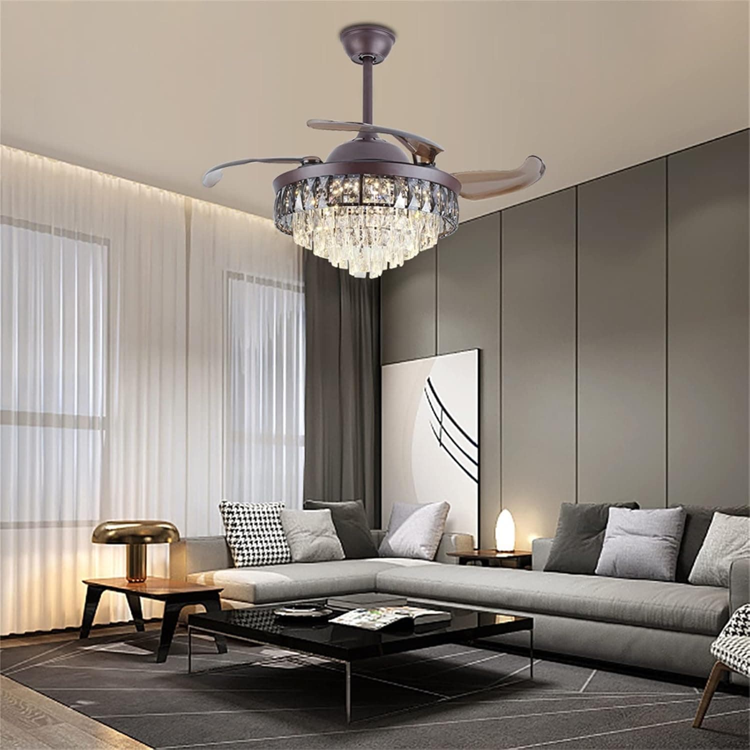 DNYSYSJ Crystal Ceiling Fan with Lights, 42inch Retractable Ceiling Fan Chandelier with Remote Control, Modern Low Profile Ceiling Fan 3 Speed 3 Color Dimmable for Bedroom Living Room, Brown