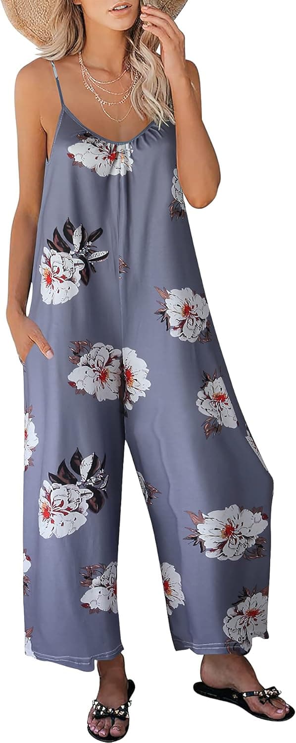 Prinbara Womens Casual Sleeveless Strap Loose Adjustable Jumpsuits Stretchy Long Pants Romper with Pockets
