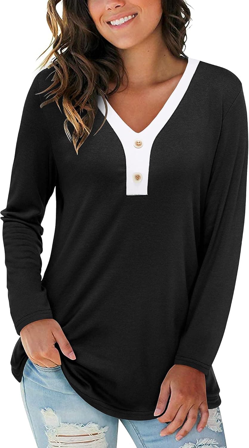 KILIG Women's Casual Long Sleeve Henley T Shirts V Neck Button Loose Tunic Top