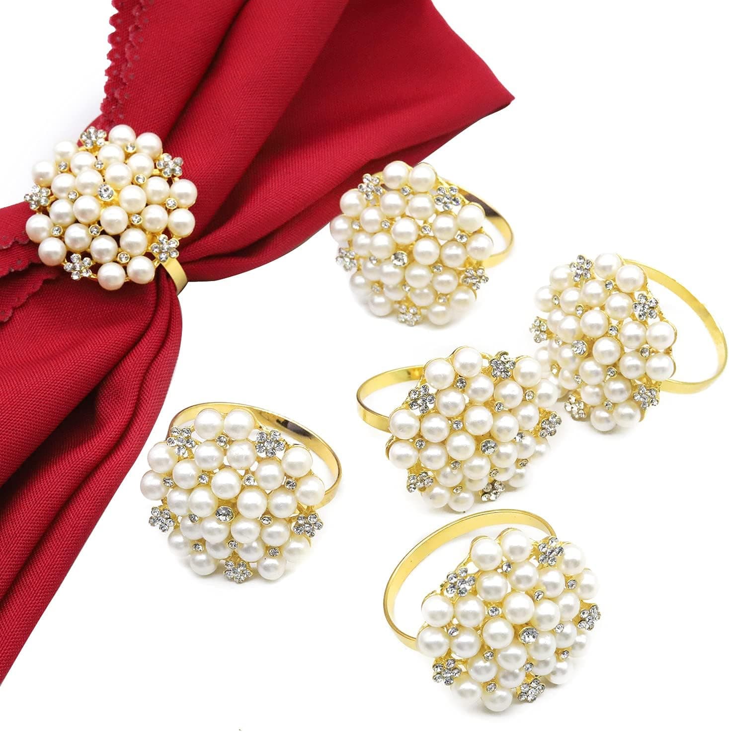 LEKAI 6PCS Elegant Pearl Napkin Ring Shiny Crystal Rhinestone Napkin Rings Beaded Flower Napkin Rings for Table Setting