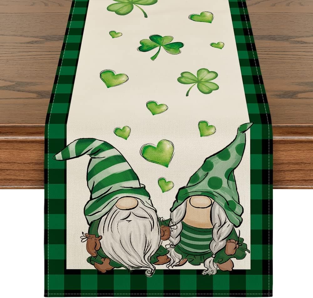 Artoid Mode Buffalo Plaid Gnomes Green Heart Shamrock St. Patrick's Day Table Runner, Seasonal Spring Holiday Kitchen Dining Table Decoration for Indoor Outdoor Home Party Decor 13 x 120 Inch