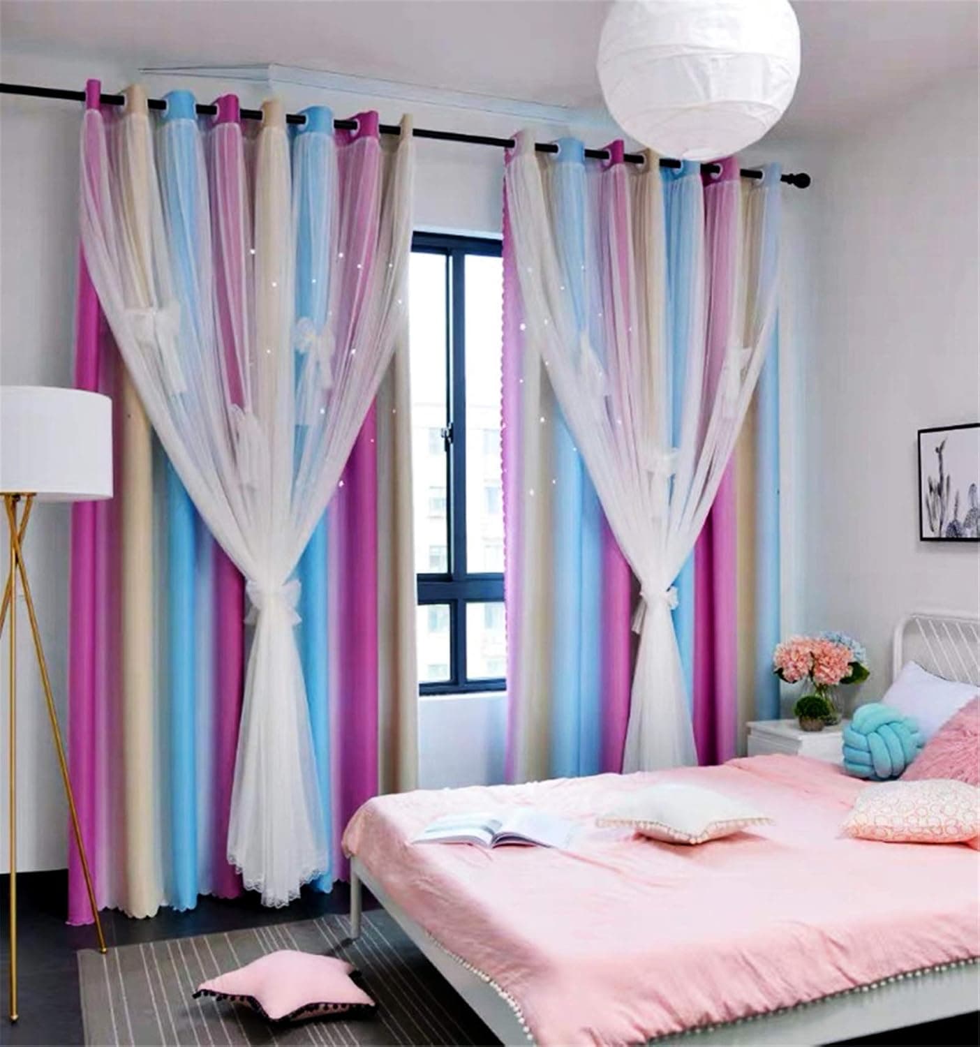 Yancorp Curtains for Girls Bedroom Kids Curtain Hollow-Out Star Window Nursery Curtain 84 inches Length Room Darkening Grommet 2 Layers (Pink Blue, W52 X L84)