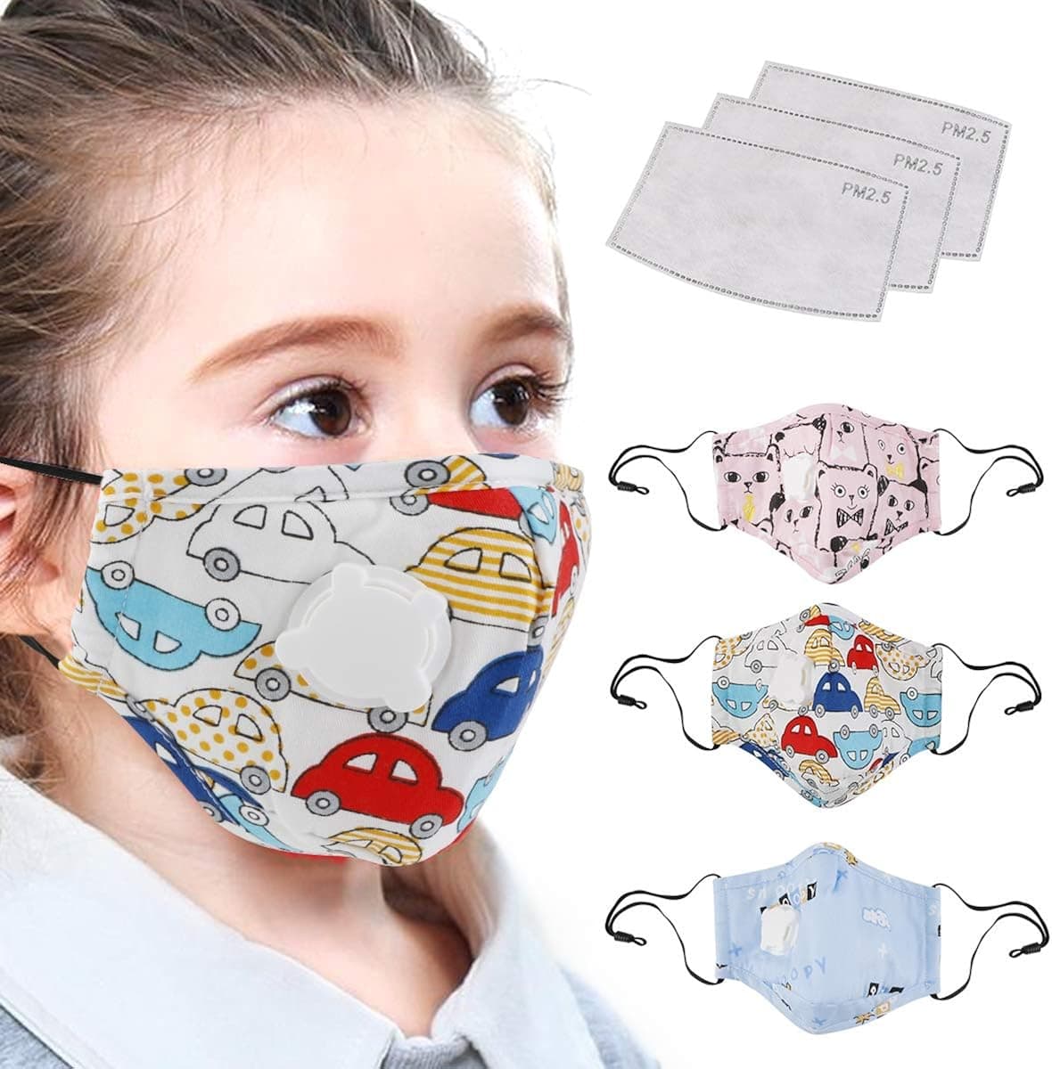 Kids Cotton Face Mask with Breather Valves Earloop Washable Mouth Mask for Children Boys and Girls Reusable Mask Activated Carbon Filter Pm 2.5 for Outdoor Activities School Daily Use Childcare