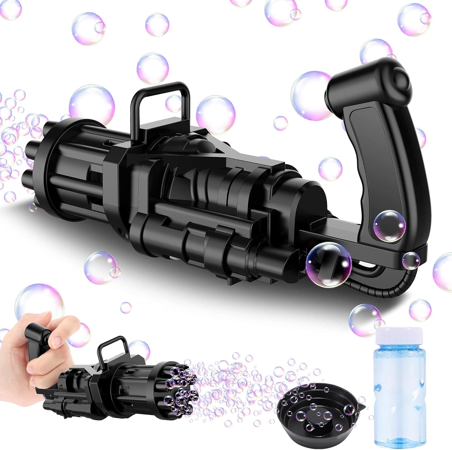 FiGoal Gatling Bubble Machine for Kids Bubble Gun (Black) 8-Hole Automatic Bubble Maker Machine Bubble Blaster Gun Toy Electric Bubble Gun Machine Toy Gifts for Kids Summer Outdoor for Boys and Girls