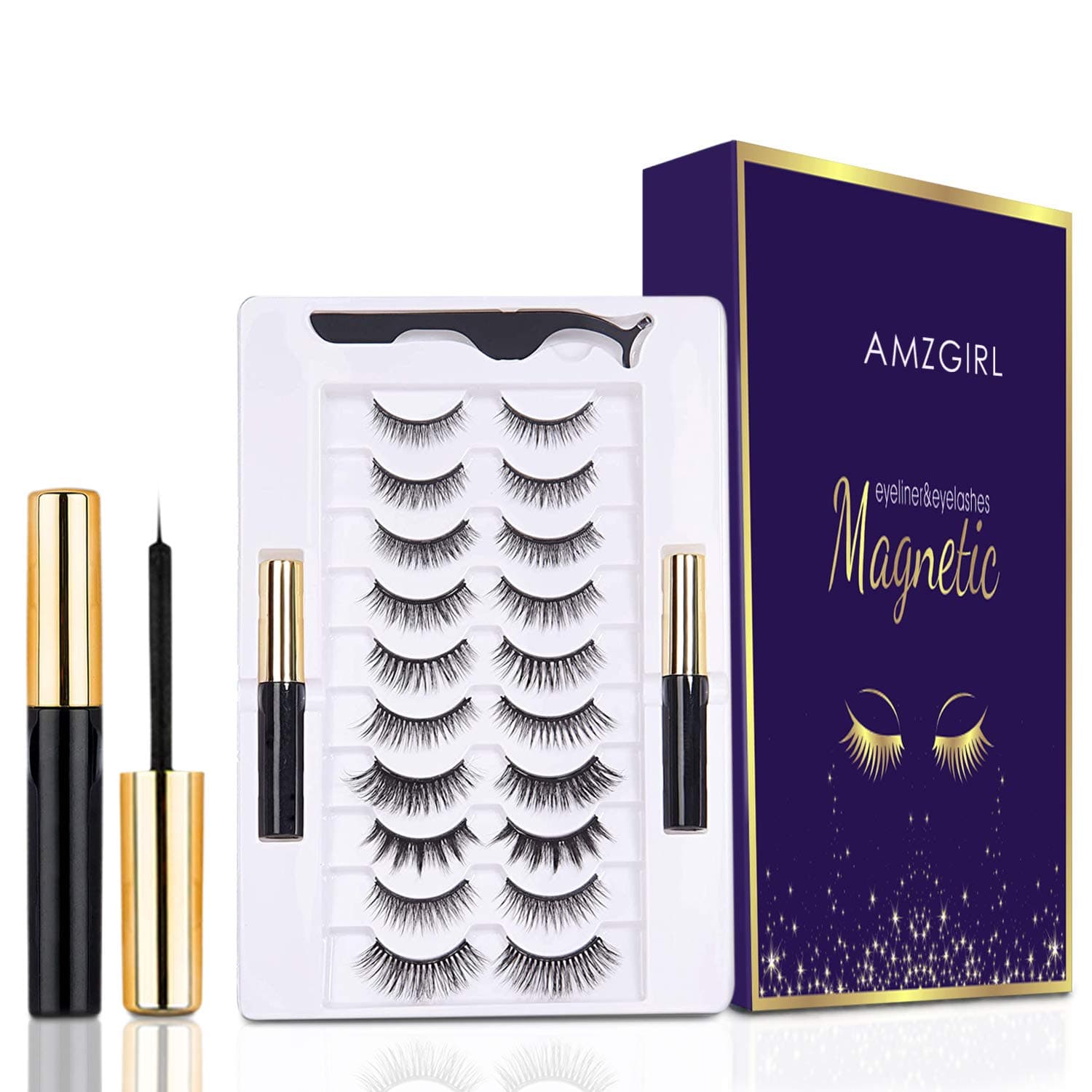 PGONE Magnetic Eyelashes with Eyeliner Kit - 3D Magnetic Eyelashes Kit with 10 Pairs Reusable False Eyelashes Natural Look, Tweezers and Eyeliner