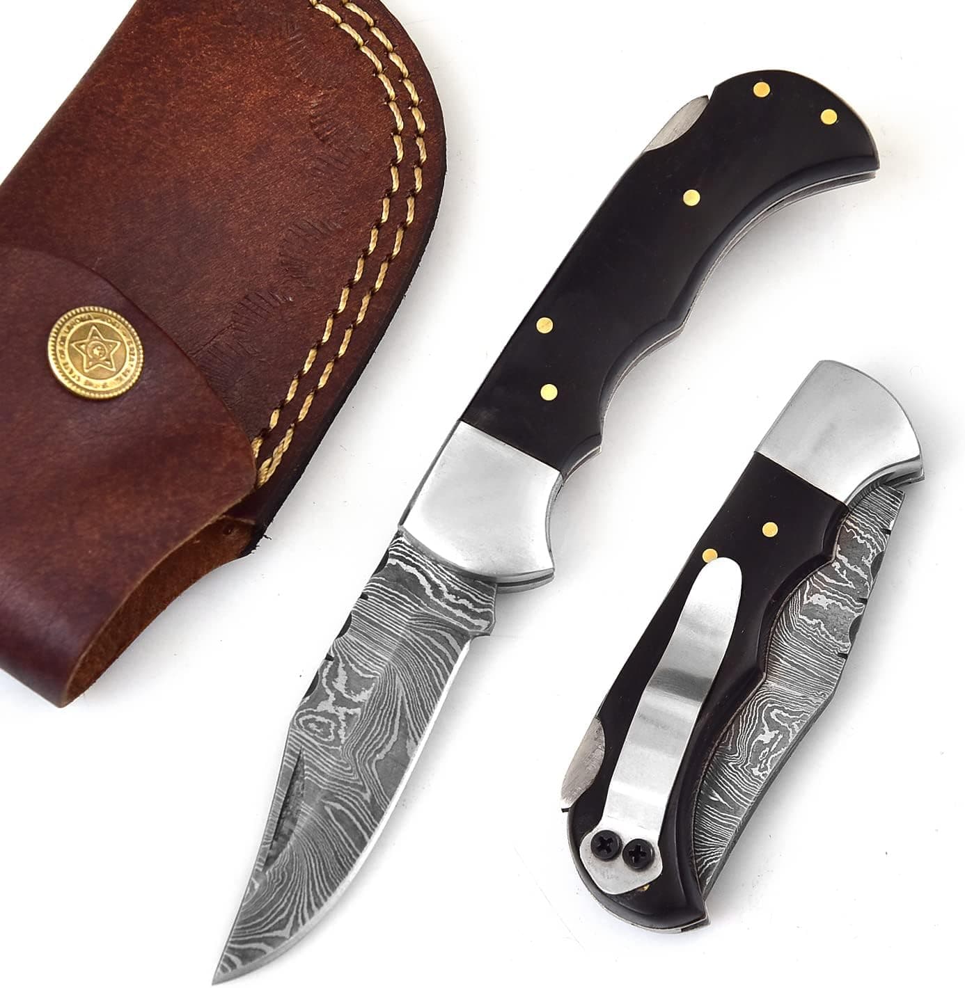 606H Damascus Steel knife - Pocket Folding Knife with Clip - Handmade Custom knife - Damascus Pocket knife for Men – Cool Pocket Knife Good For Camping Hunting Fishing Indoor & Outdoors Activities - EDC Damascus knife - Folding Hunting Knives - Leather Sheath - Folding Pocket Knife by GladiatorsGuild 606H (Black)