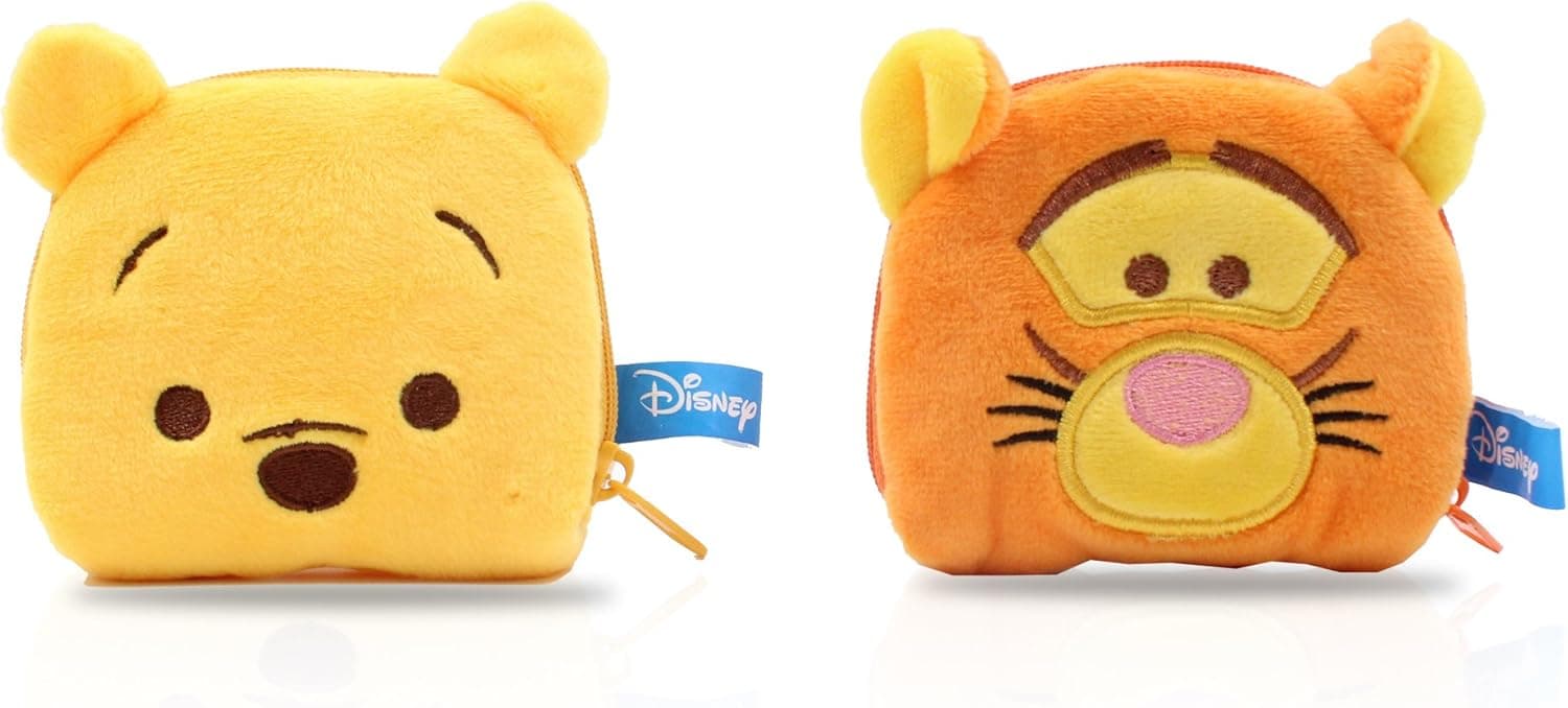 Finex - SET of 2 - Winne the Pooh and Tigger Plush Coin Bag Holder Purse Case stuffed Pouch for quarters dollars girls women