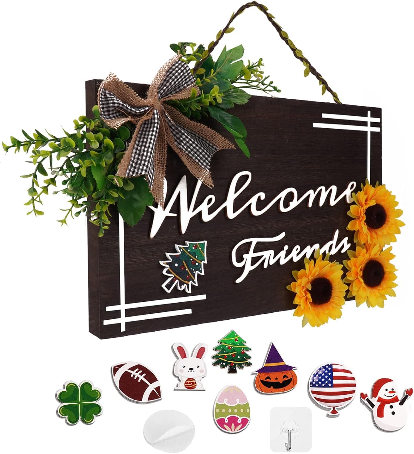 Friends Welcome Sign Front Door Decor-Friends Welcome Hanging Wood Wall Décor with 8 Magnetic Season Icons for Front Porch, Outdoor, Holiday,Party (15/9.5 Inches )
