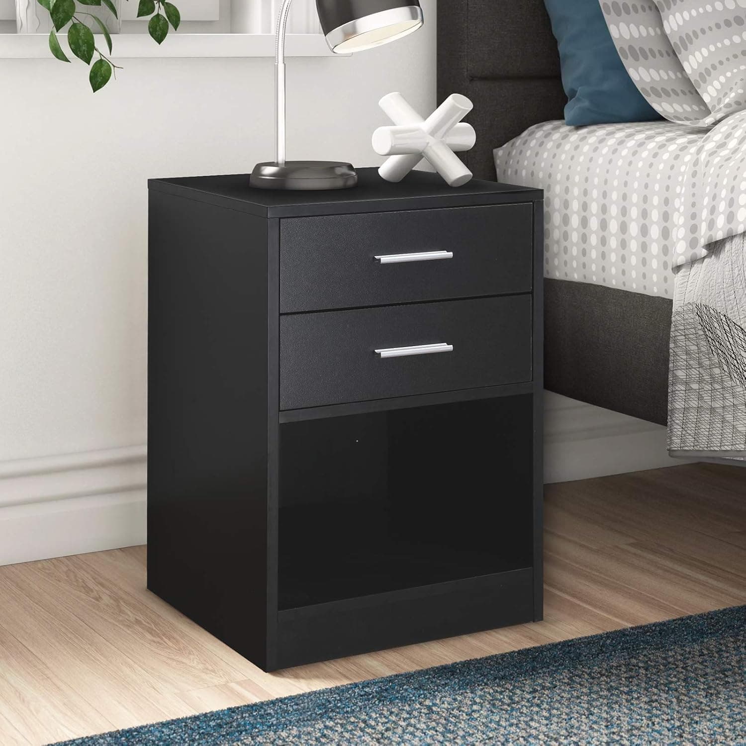 GOLDORO Nightstand with Double Drawer End Tables Living Room File Cabinet Storage Table for Home Office Bedside Cabinets with Shelf Black