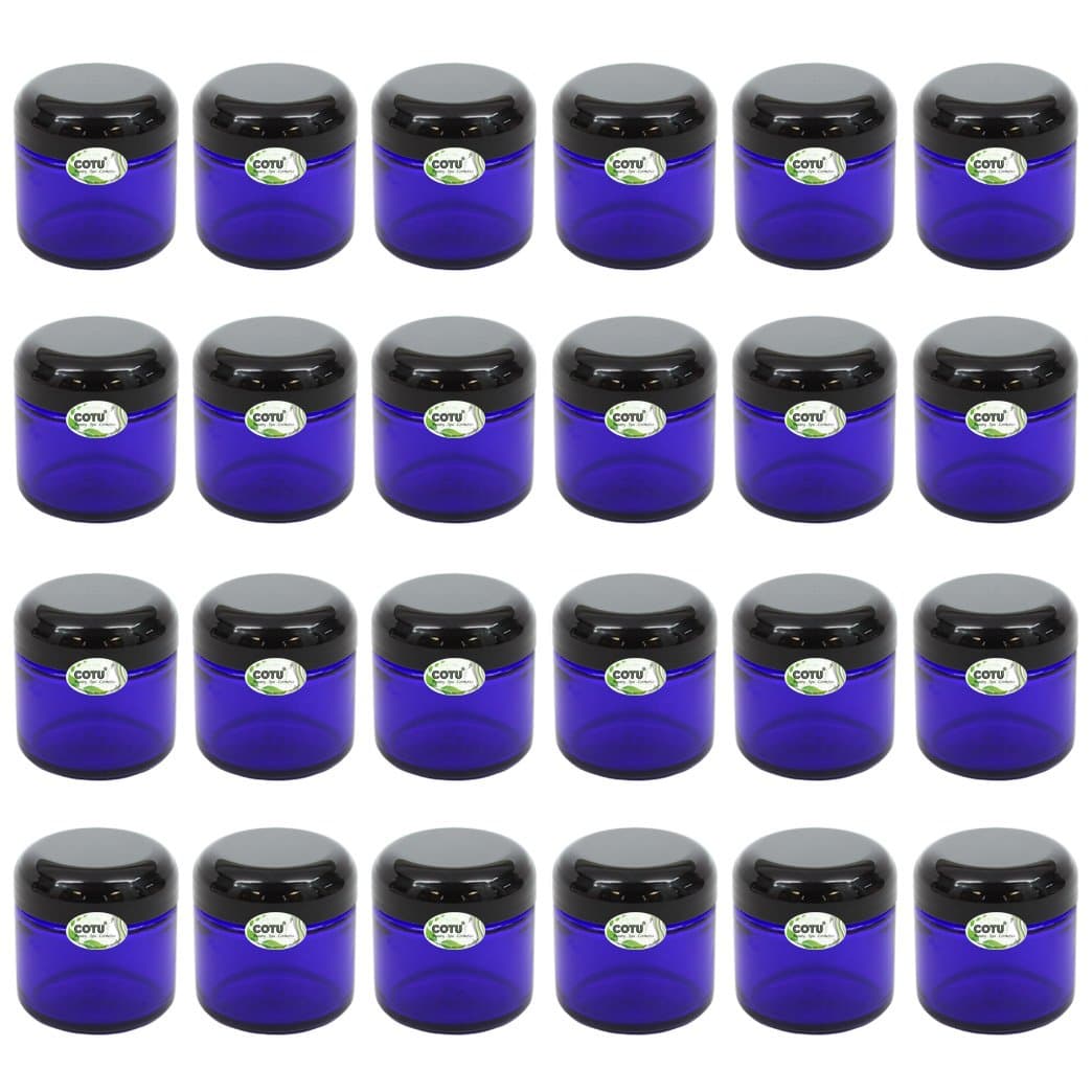 24 x 2oz New & Empty DIY Cobalt Blue Glass Jars with Black Dome Liner Lids by COTU (R) (Suitable for Storing Salve, Cream, Diy Beauty, Essential Oils, Lotion, Apothecary, Body Butter & Sugar Scrub)