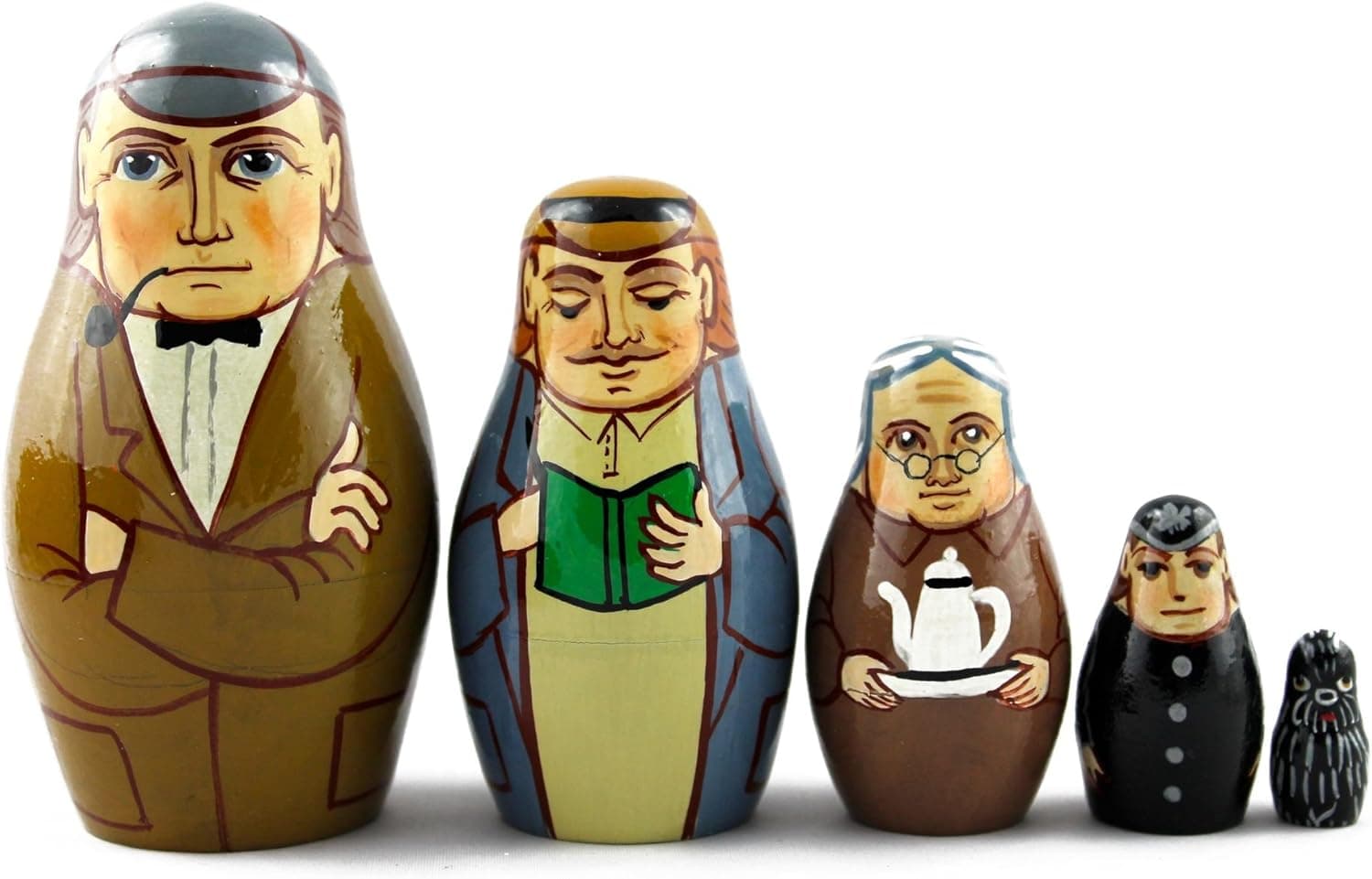 Matryoshka Matrioska Babuska Russian Nesting Wooden Doll Sherlock Holmes and Doctor Watson Matryoshika Babushka 5 Pcs Stacking Hand Painting Matriosjka Matrioska Matreshka Matrjoska Matroeska