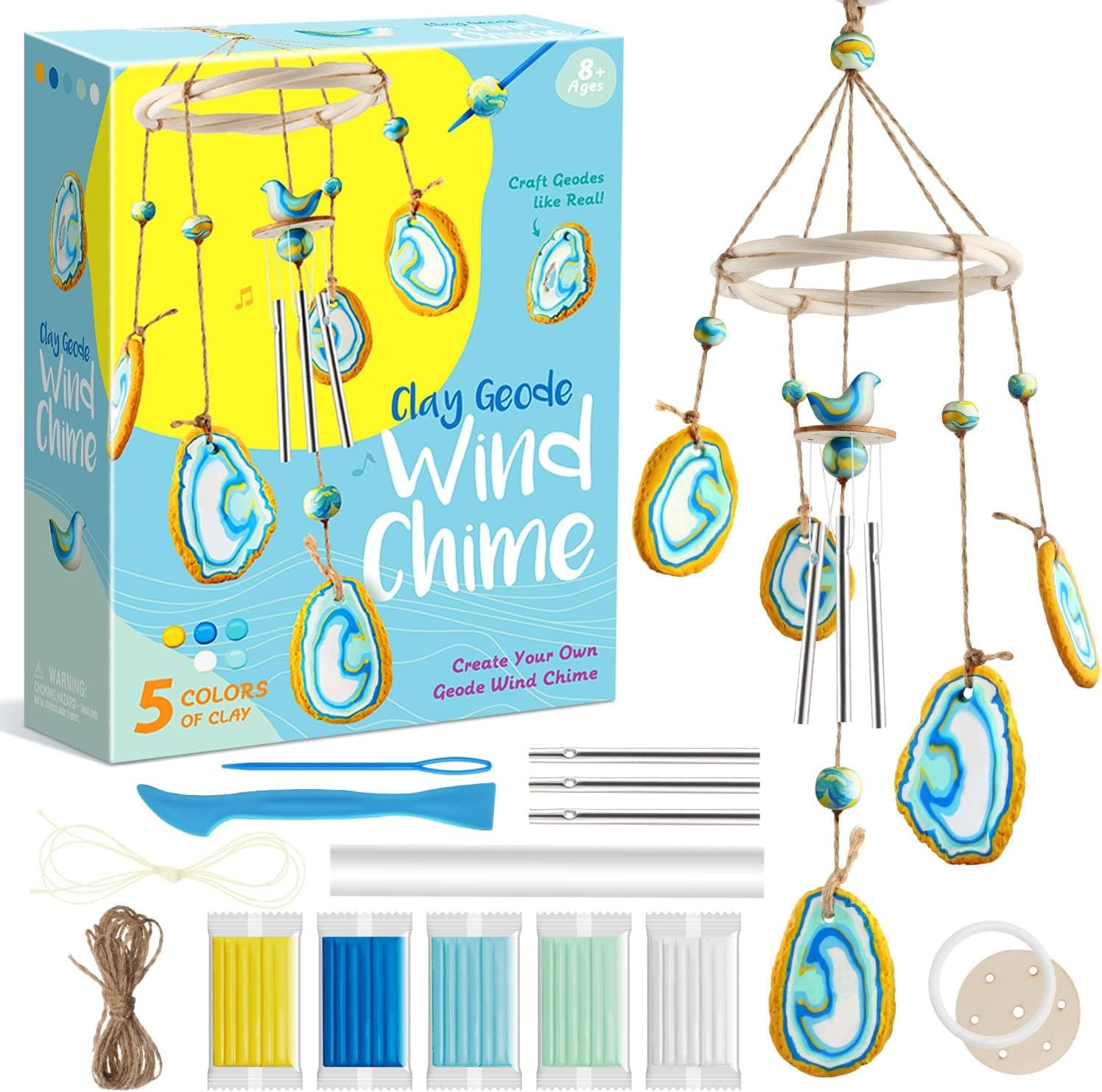 Wind Chime Craft Kit for Kids, DIY Unique Clay Geodes Wind Chime for Home Garden Decoration, Arts and Crafts for Kids Ages 8-12, Learning ＆ Educational Project Birthday Gifts for Boys & Girls