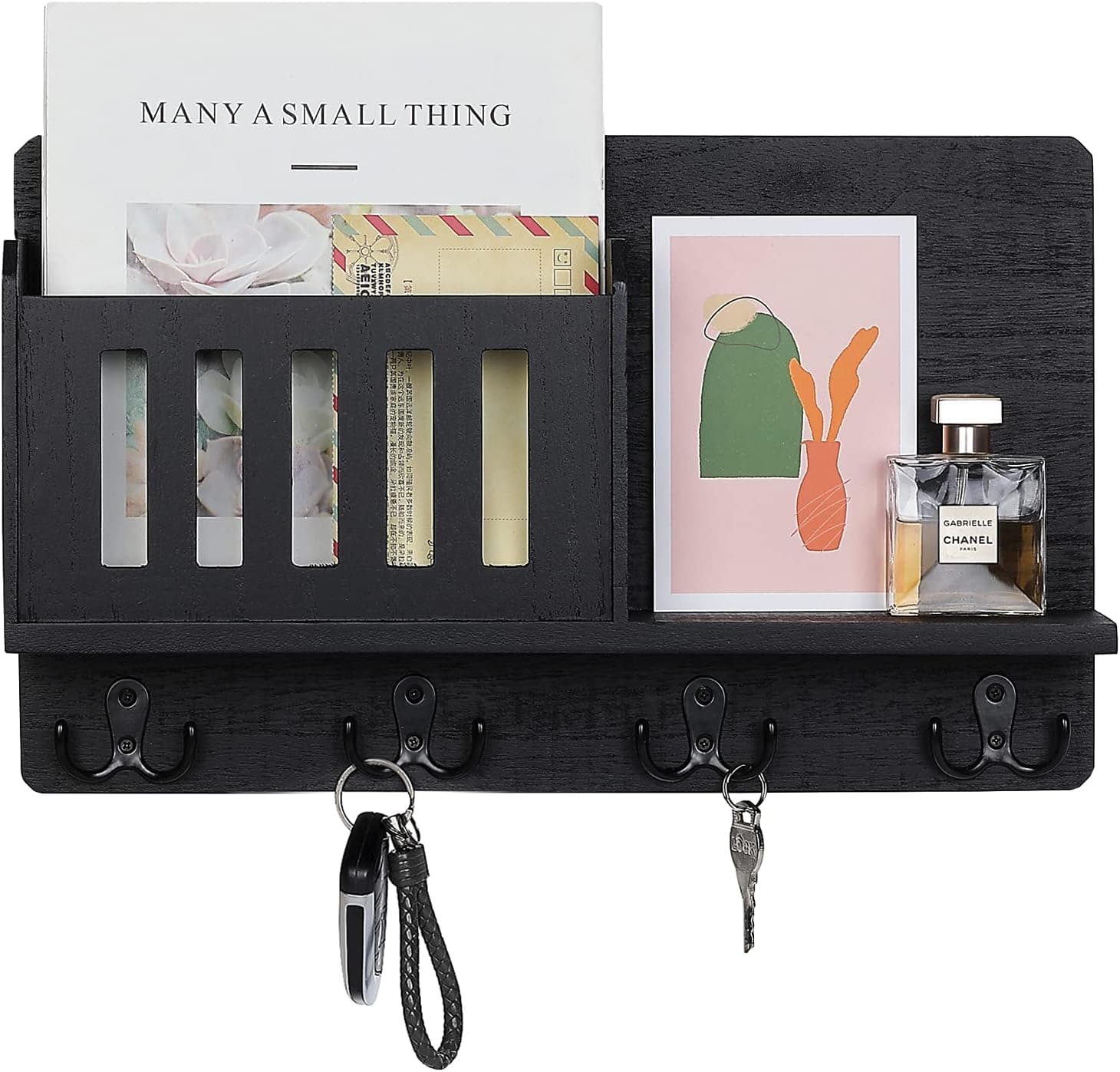 Mail Organizer Key Holder Wall Mounted Wooden Mail Sorter with 4 Key Hooks Floating Shelf Rustic Home Decor for Entryway Office