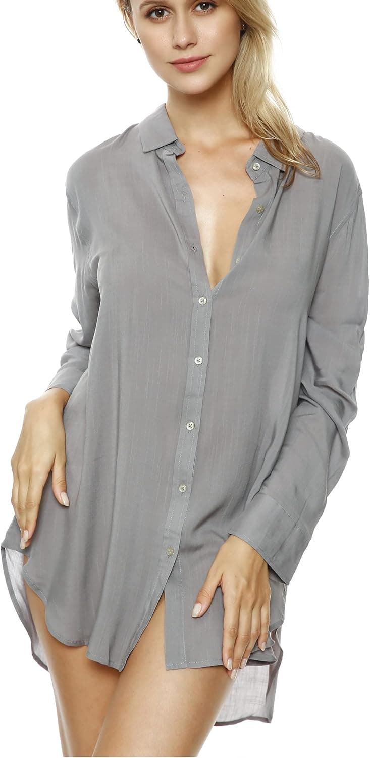 TOUSYEA Sleep Shirts for Women Button Down Shirts Long Sleeve Sleepwear Swimsuit Cover Ups Soft Pajama Tops