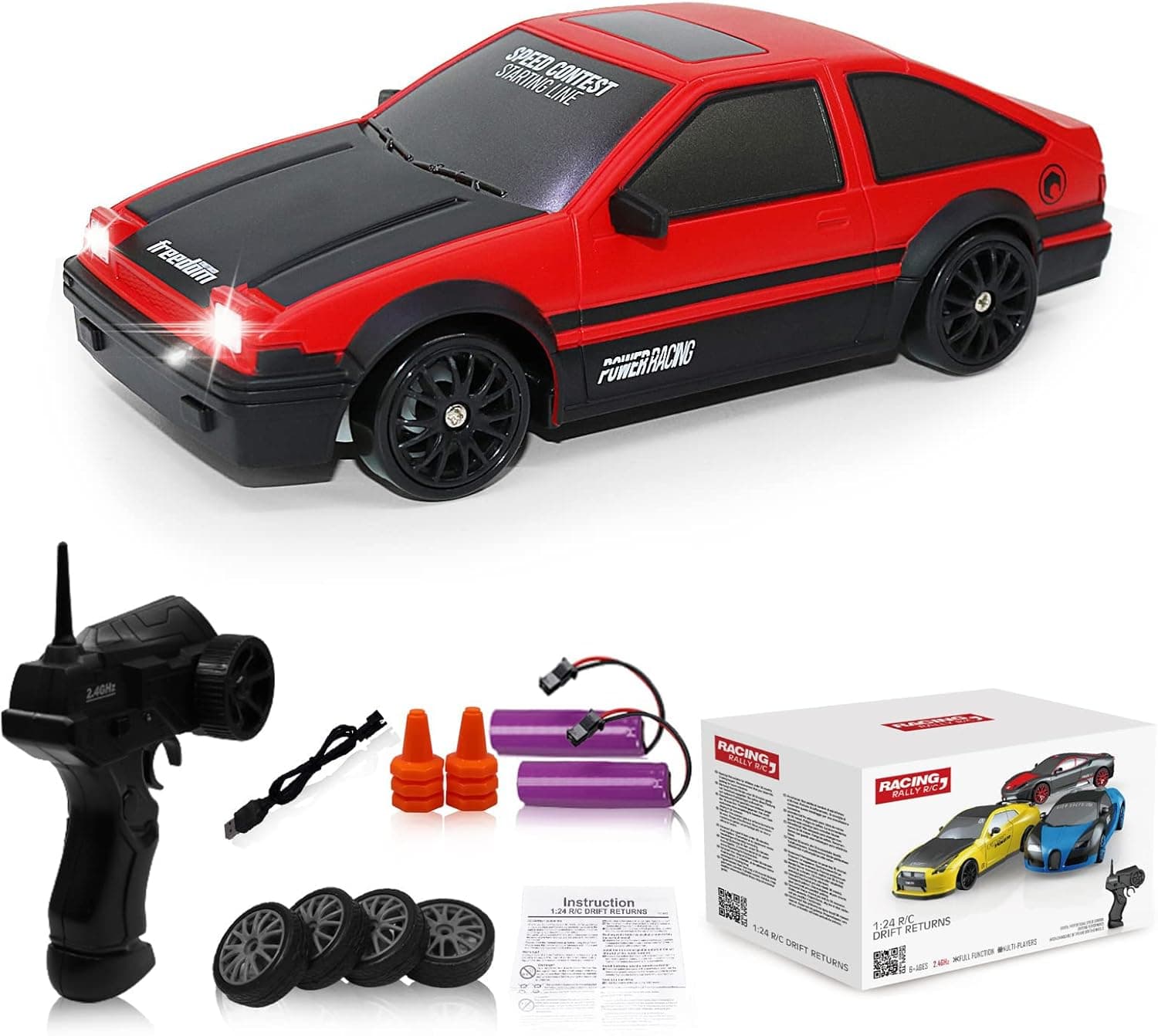 Remote Control Car RC Drift Car 2.4GHz 1:24 Scale 4WD 15KM/H High Speed Model Vehicle with LED Lights Drifting Tire Racing Sport Toy Car for Adults Boys Girls Kids Gift 2Pcs Rechargeable Batteries