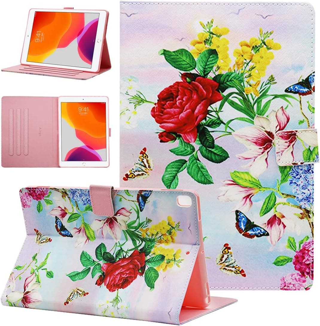 iPad 10.2 Inch Case, iPad 7th / 8th Generation Case, iPad 10.2 Case for Kids Girls Women, Alugs Multi-Angle Viewing Folio Case for iPad 10.2 Inch Tablet with Auto Wake/Sleep, Red Flowers