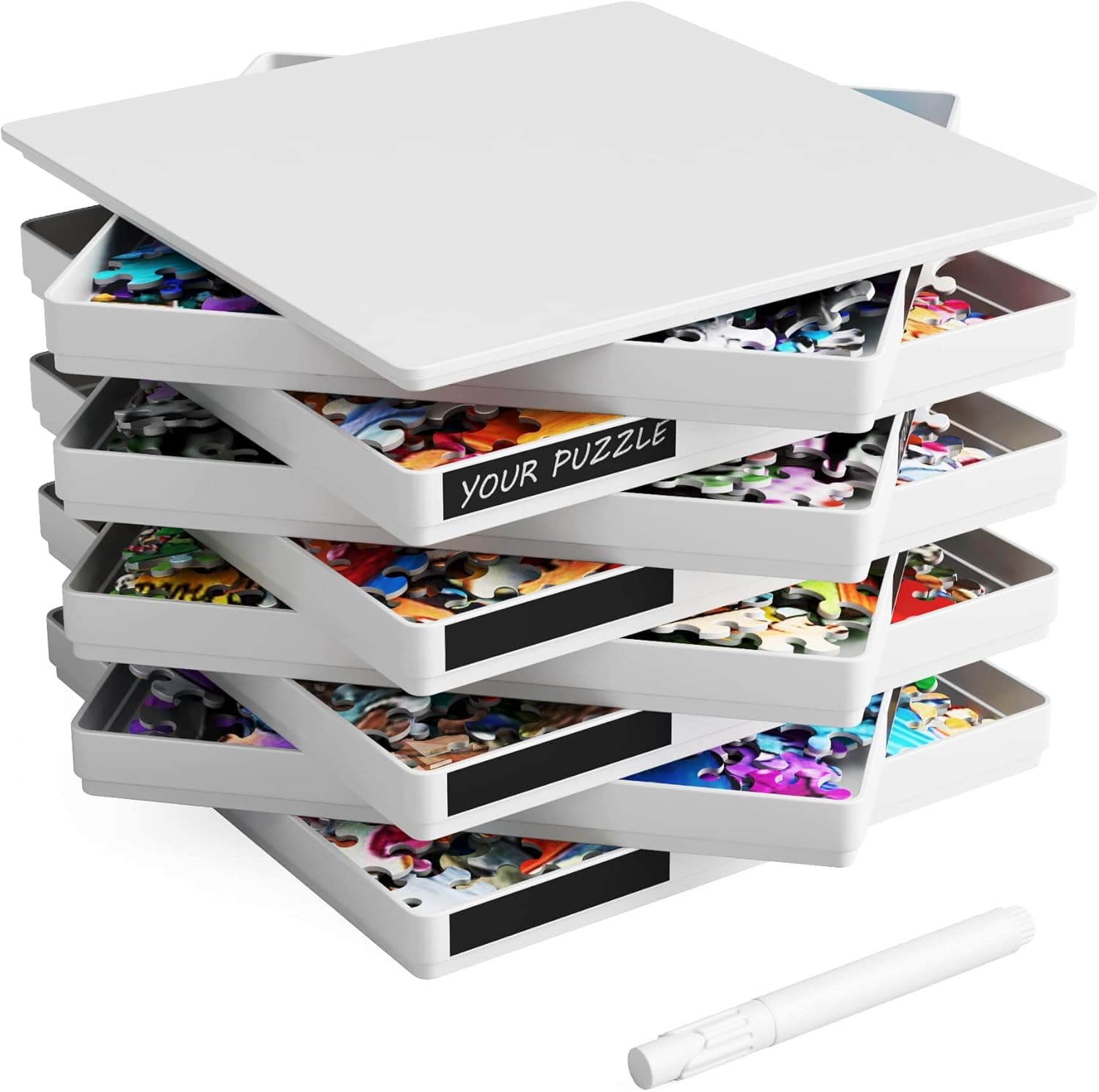 Puzzle Sorting Tray Bundled with Chalk Labels and Chalk Pen, Puzzle Box with Lid, for Puzzles up to 1000 Pieces, 8.2” x 8.2” x 4.5“