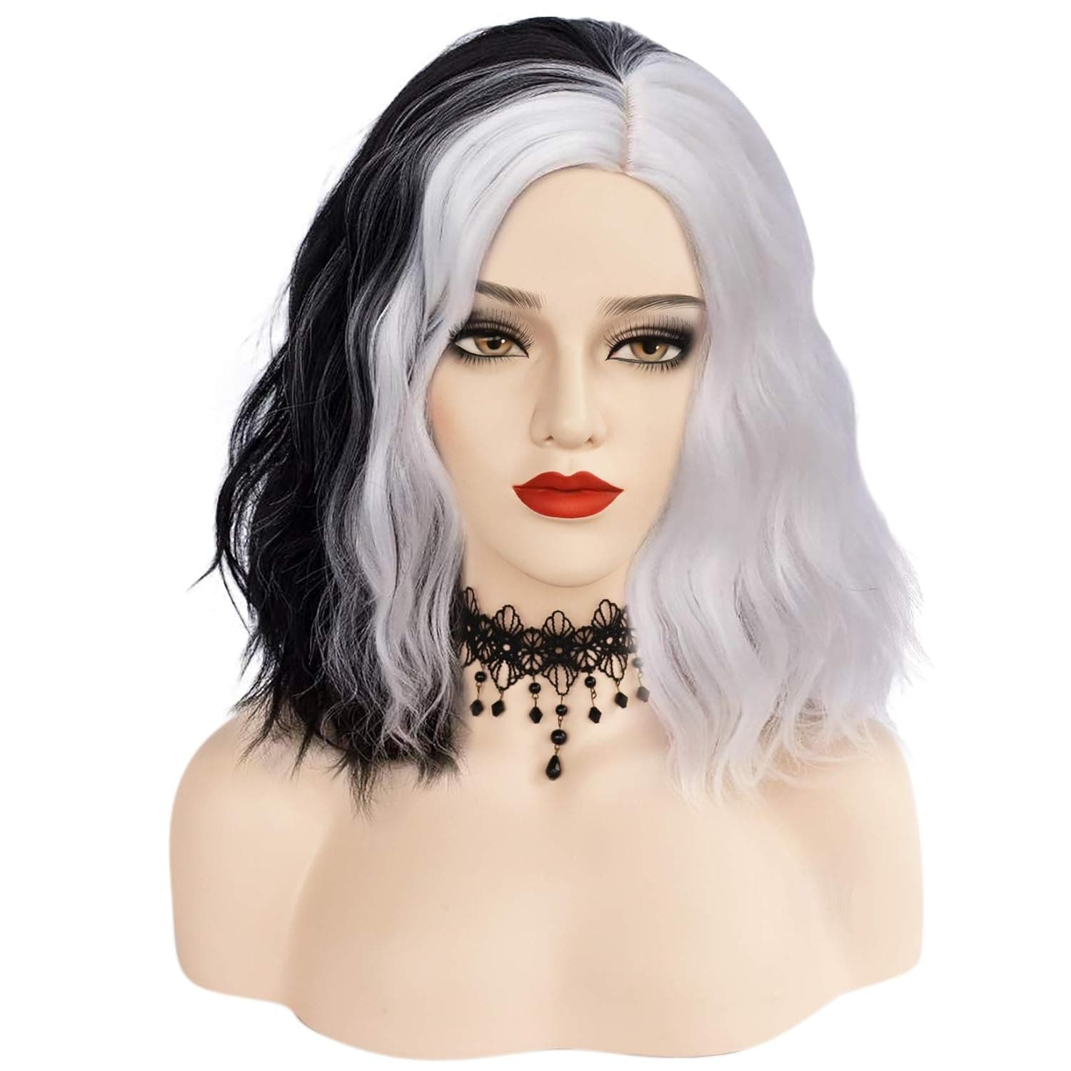 Ebingoo 14 Inch Black and White Wig for Women Long Wave Lolita Wigs Soft Synthetic Heat Resistant Fiber Wigs for Cosplay Halloween