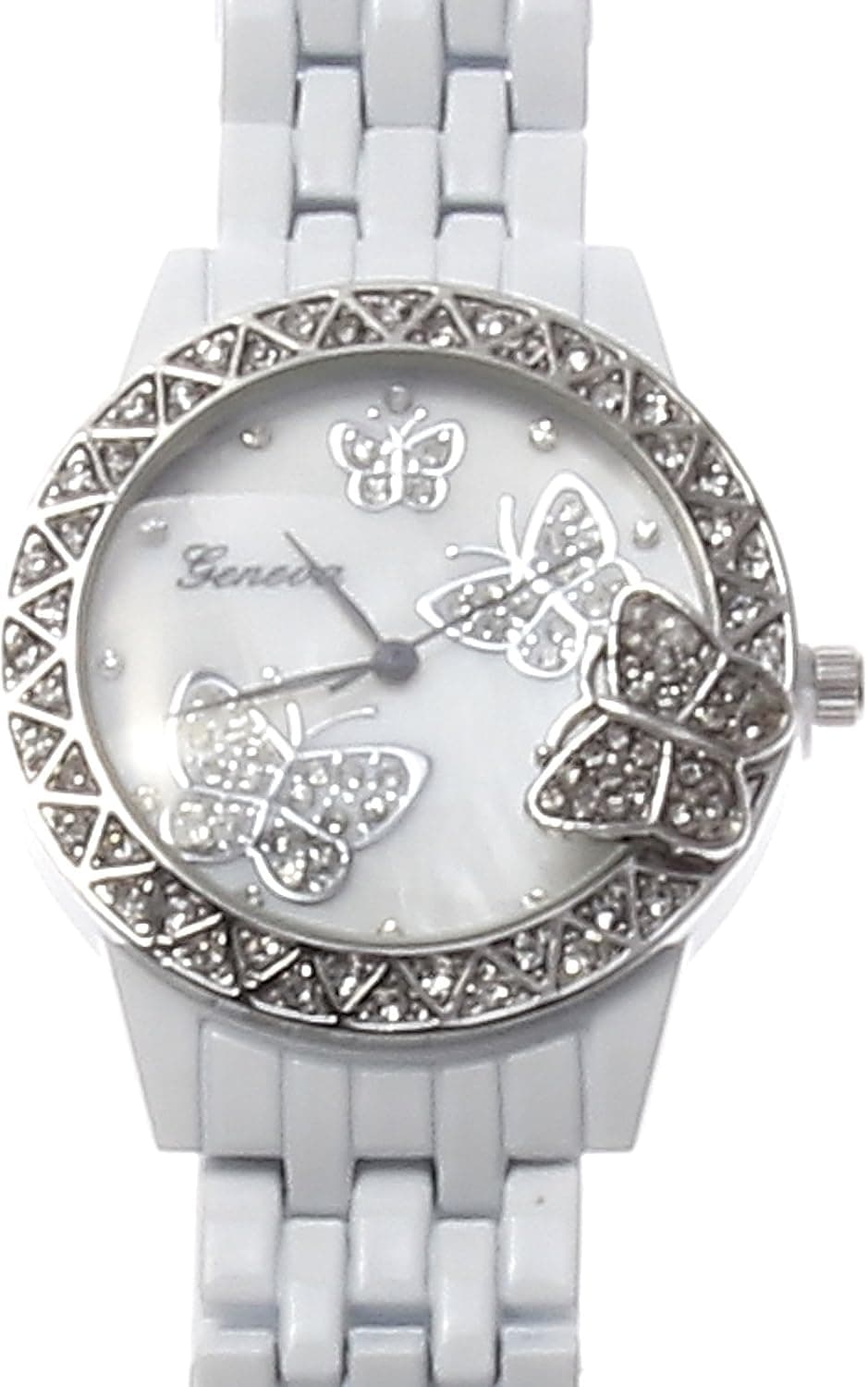 White Enamel Geneva Rhinestone Crystal Butterfly Mother of Pearl Watch