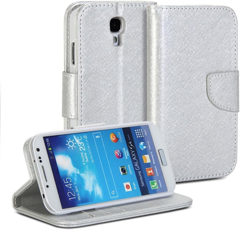 Galaxy S4 Case, GMYLE Wallet Case Classic for Samsung Galaxy S4 i9500 S IV-Silver Grey Natural Silk Pattern PU Leather Slim Magnetic Flip Stand Cover